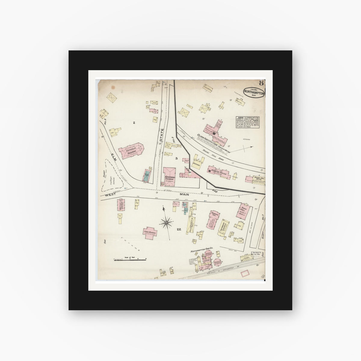 Old map wall art mockup — black gallery frame with white mat — Sanborn Fire Insurance Map from Northampton, Hampshire County, Massachusetts (1884), Sheet #0008