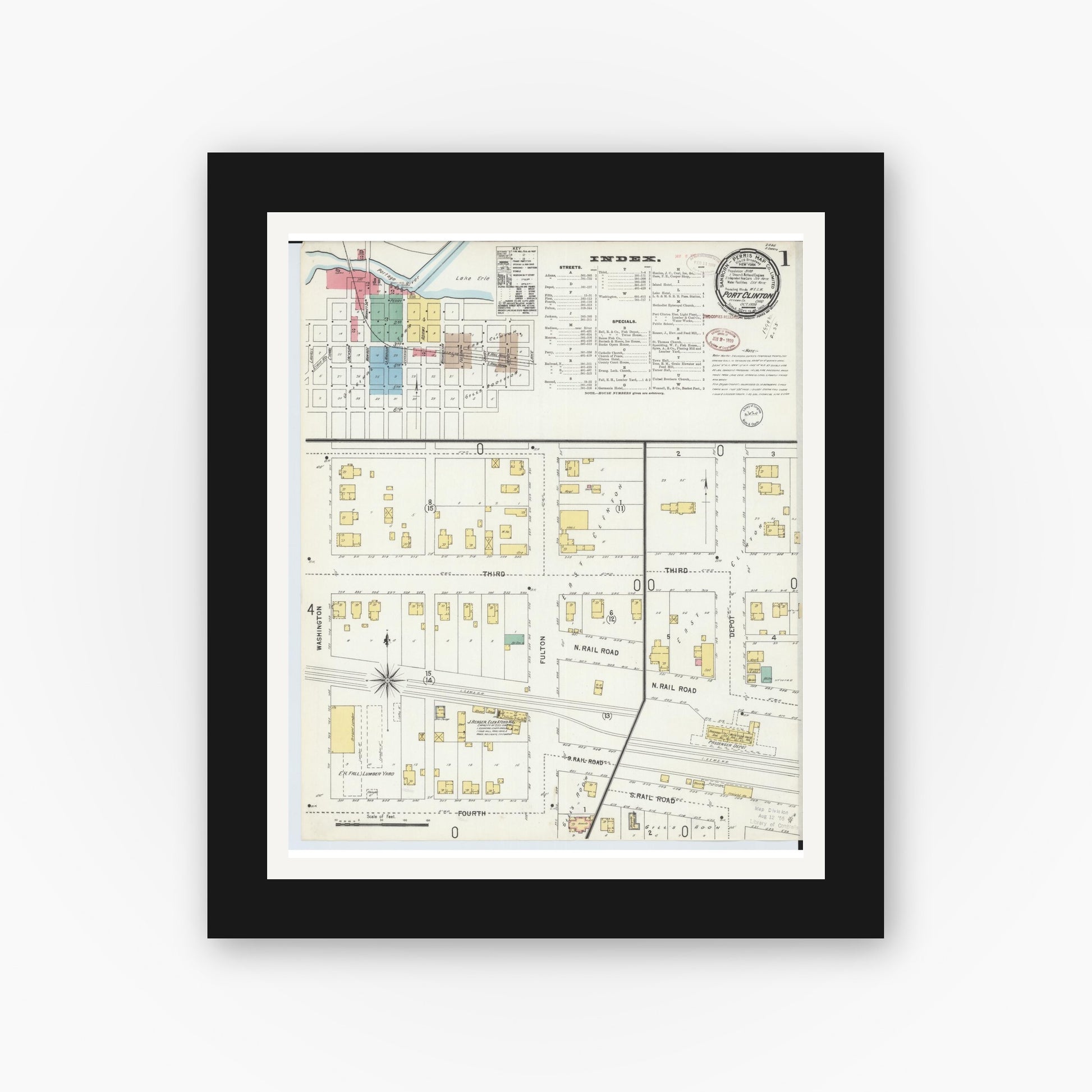 Old map wall art mockup — black gallery frame with white mat — Sanborn Fire Insurance Map from Port Clinton, Ottawa County, Ohio (1898) - Complete Map Set