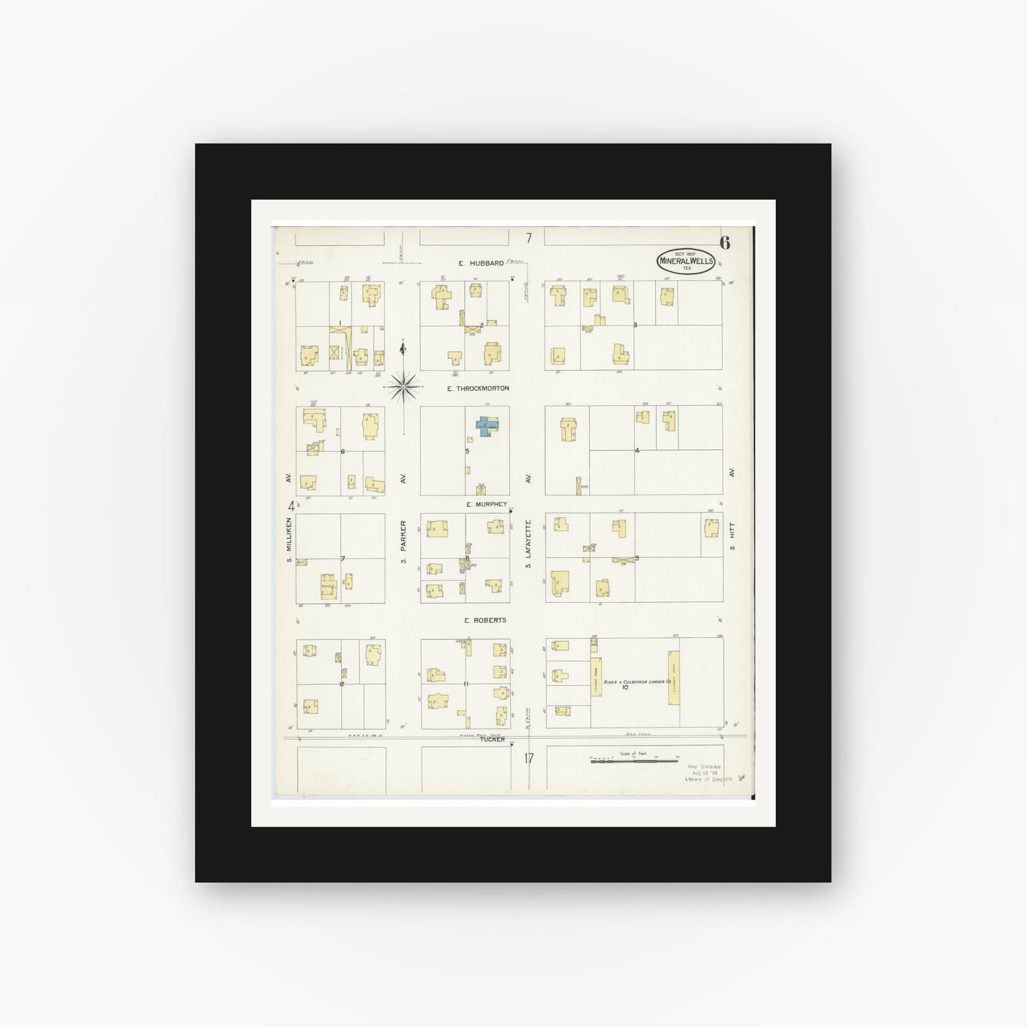 Old map wall art mockup — black gallery frame with white mat — Sanborn Fire Insurance Map from Mineral Wells, Palo Pinto County, Texas (1907), Sheet #0006