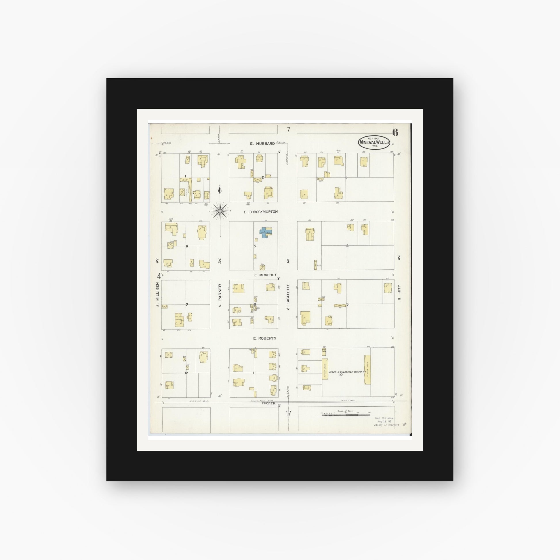 Old map wall art mockup — black gallery frame with white mat — Sanborn Fire Insurance Map from Mineral Wells, Palo Pinto County, Texas (1907), Sheet #0006