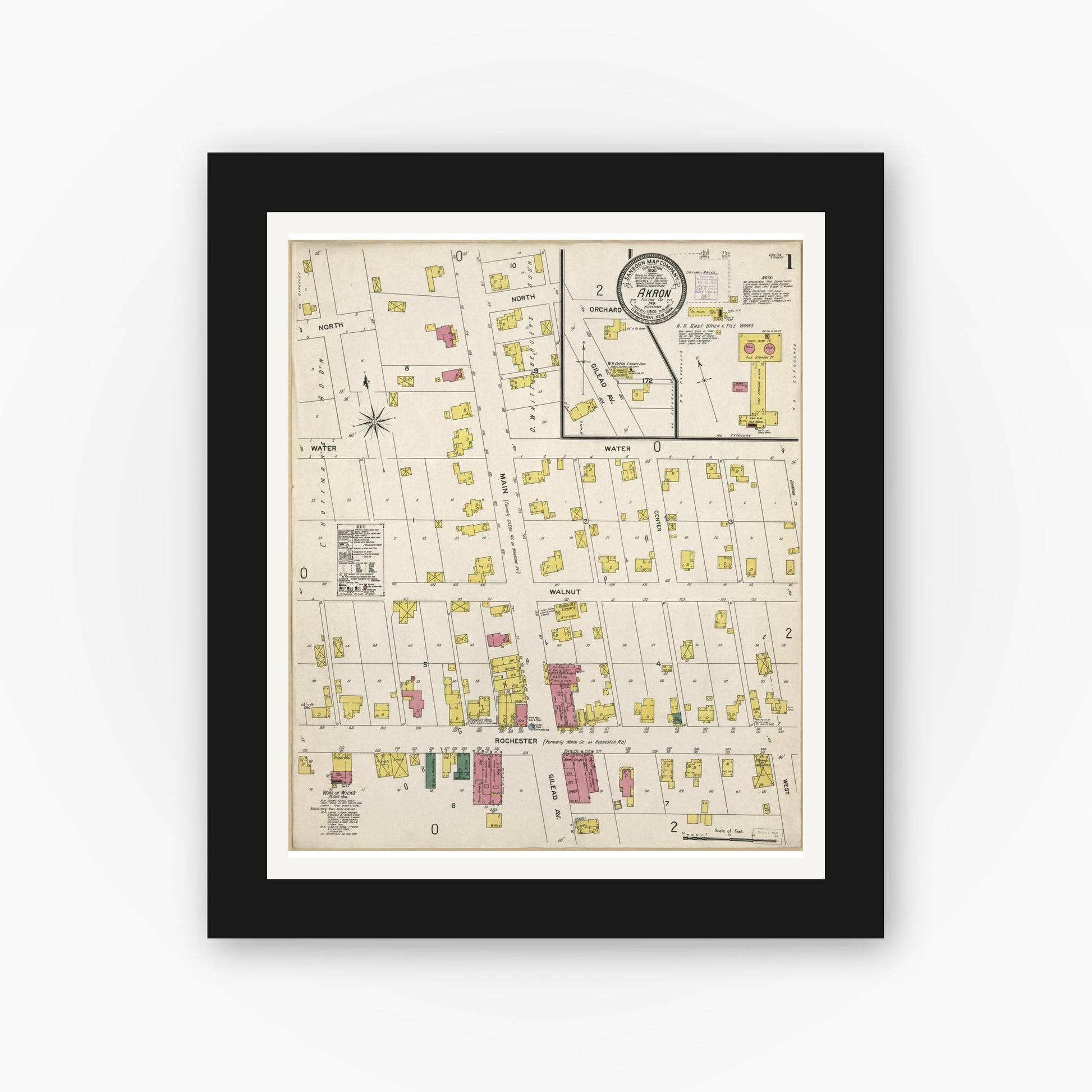 Old map wall art mockup — black gallery frame with white mat — Sanborn Fire Insurance Map from Akron, Fulton County, Indiana (1901), Sheet #0001