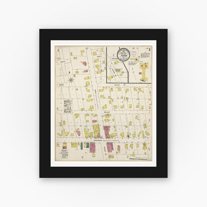 Old map wall art mockup — black gallery frame with white mat — Sanborn Fire Insurance Map from Akron, Fulton County, Indiana (1901), Sheet #0001