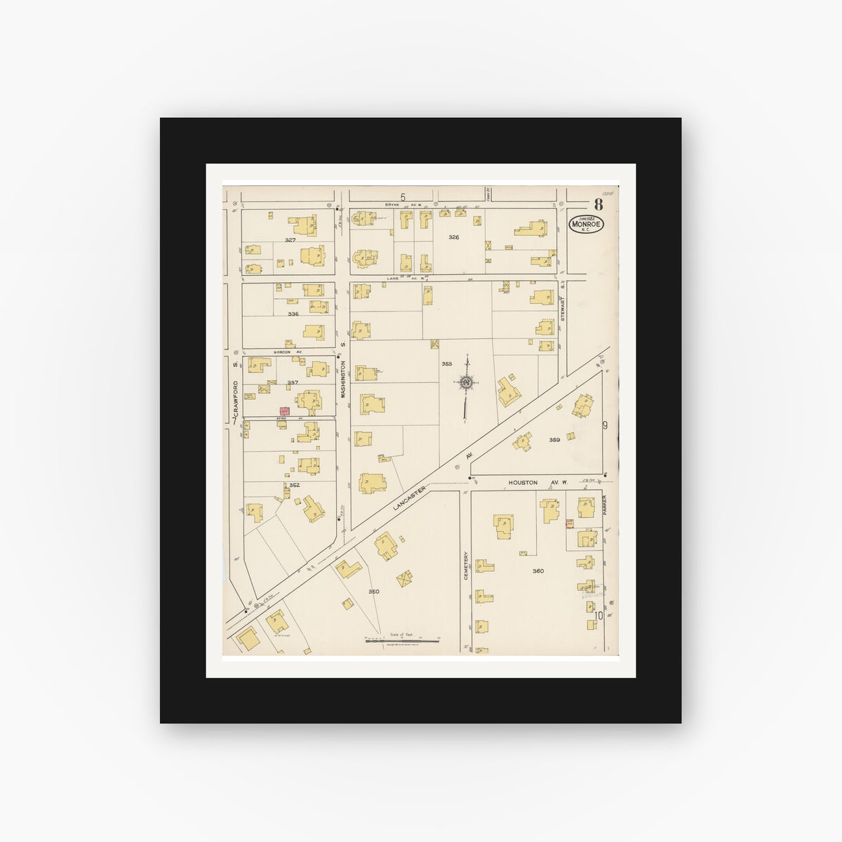 Old map wall art mockup — black gallery frame with white mat — Sanborn Fire Insurance Map from Monroe, Union County, North Carolina (1922), Sheet #0008