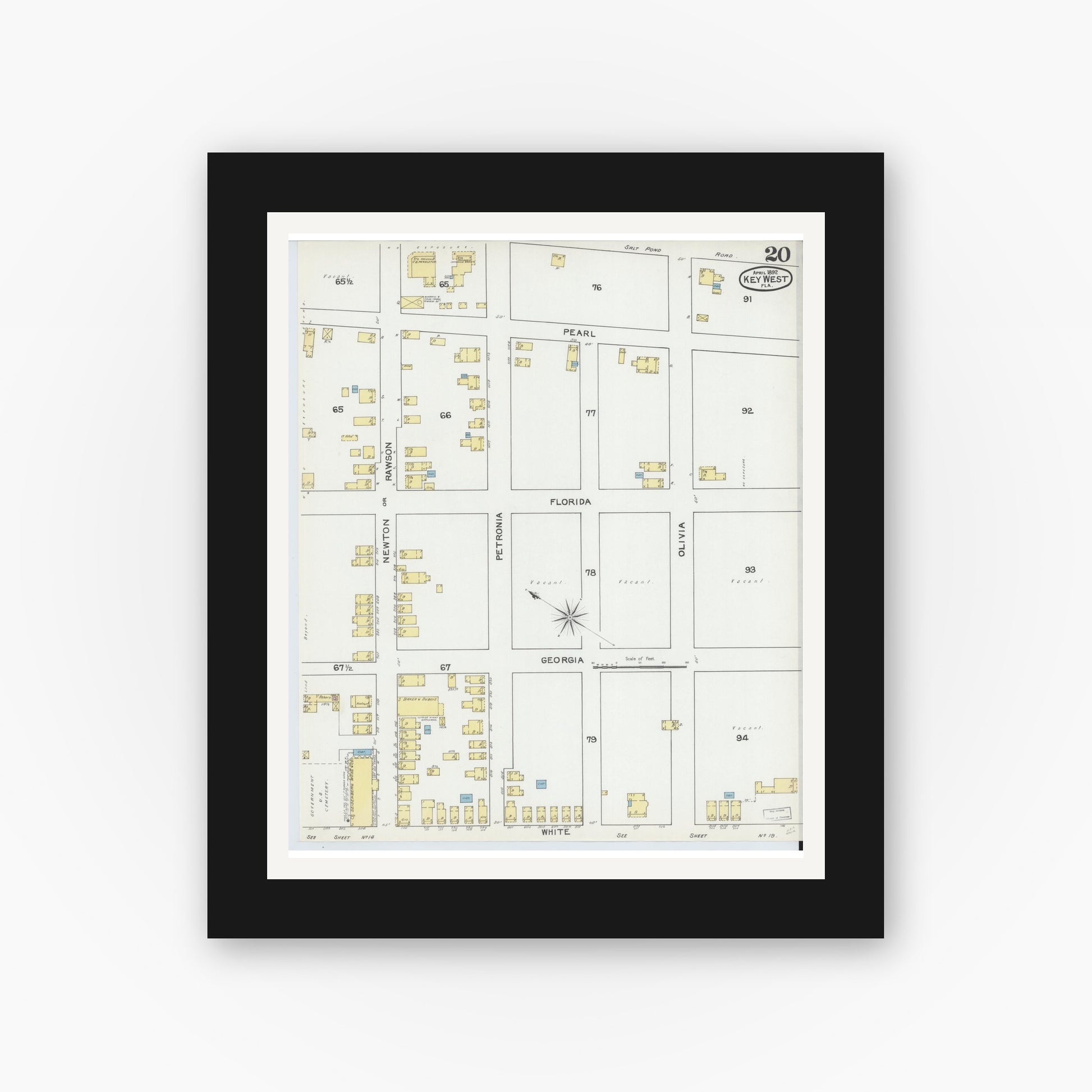 Old map wall art mockup — black gallery frame with white mat — Sanborn Fire Insurance Map from Key West, Monroe County, Florida (1892), Sheet #0020