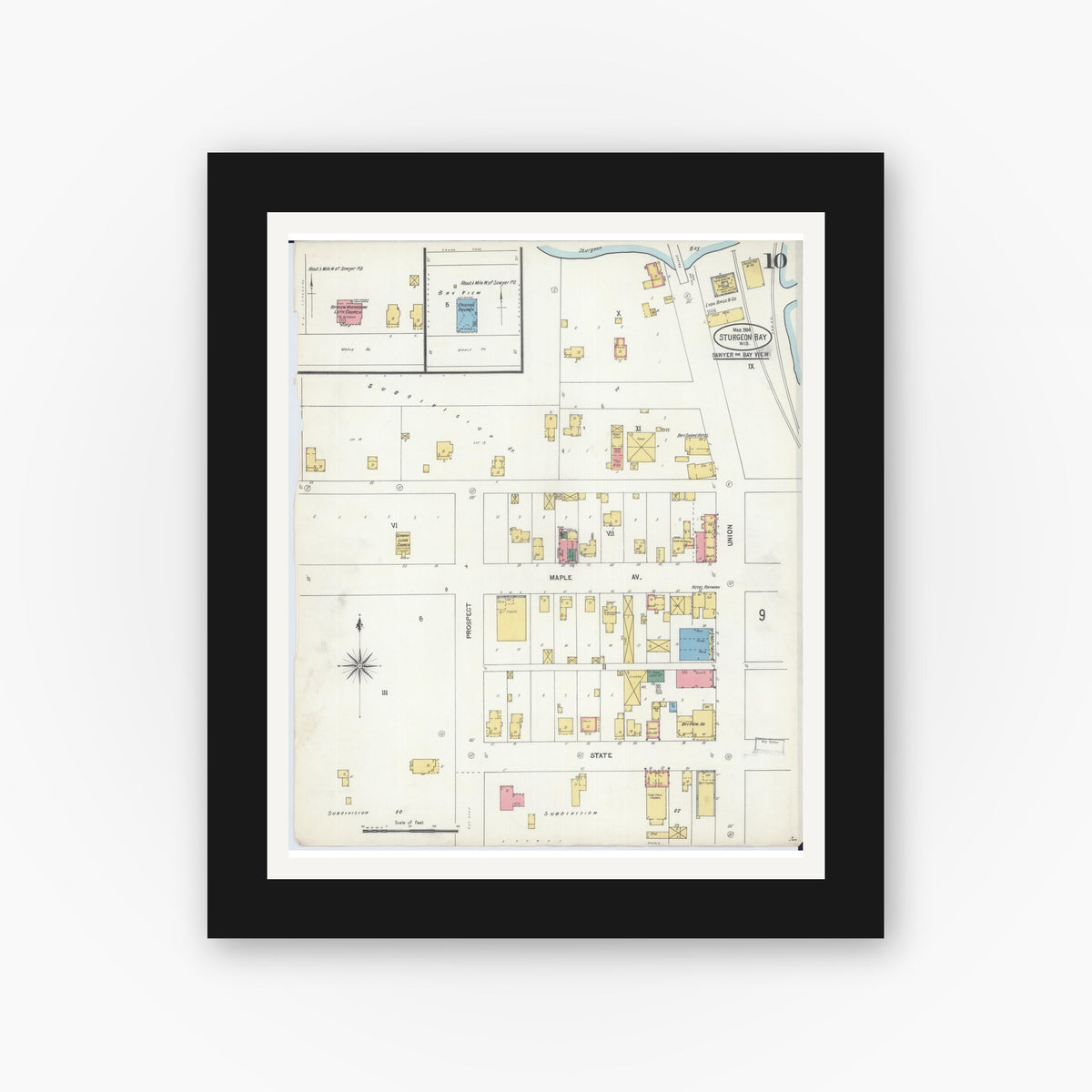 Old map wall art mockup — black gallery frame with white mat — Sanborn Fire Insurance Map from Sturgeon Bay, Door County, Wisconsin (1904), Sheet #0010