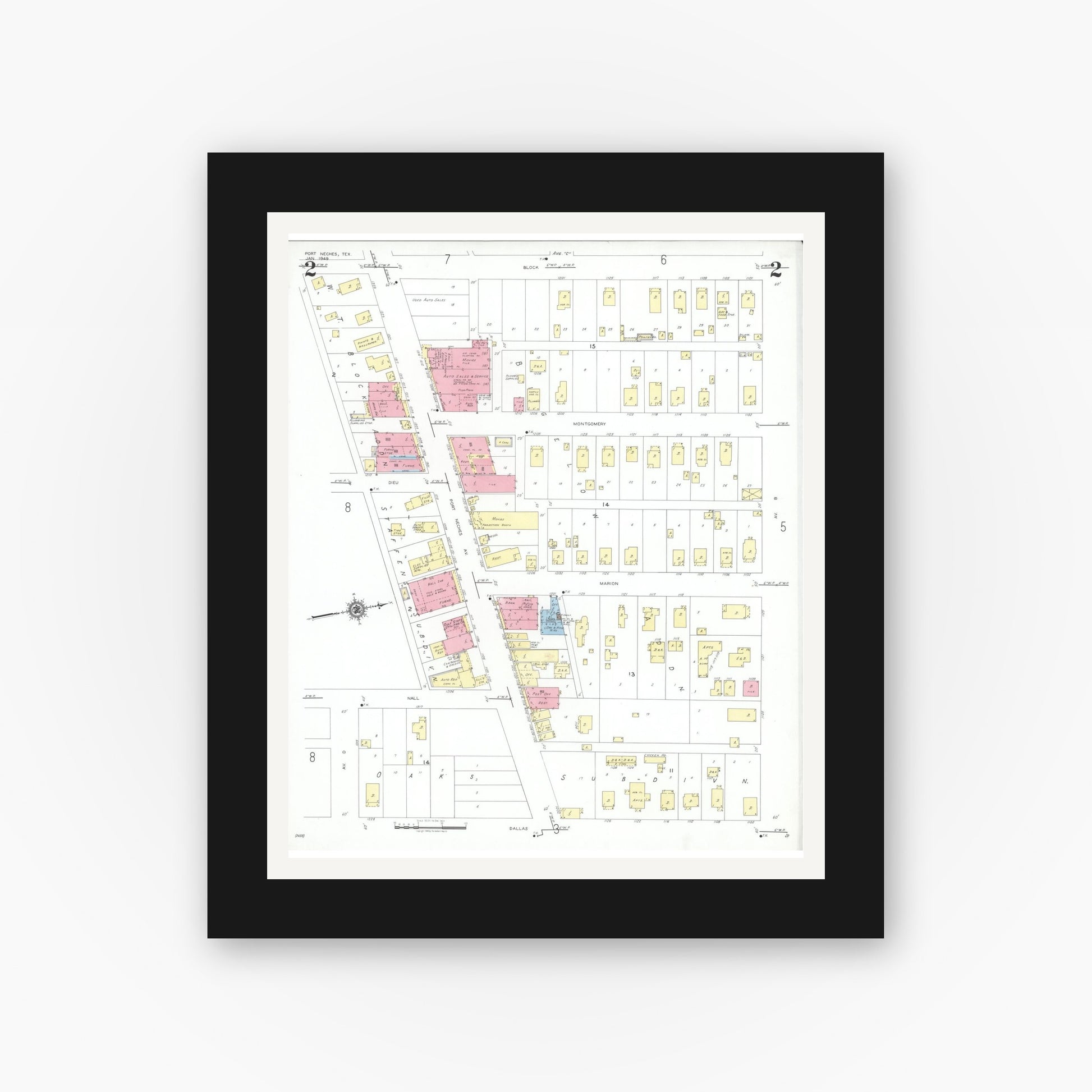 Old map wall art mockup — black gallery frame with white mat — Sanborn Fire Insurance Map from Port Neches, Jefferson County, Texas (1949), Sheet #0002