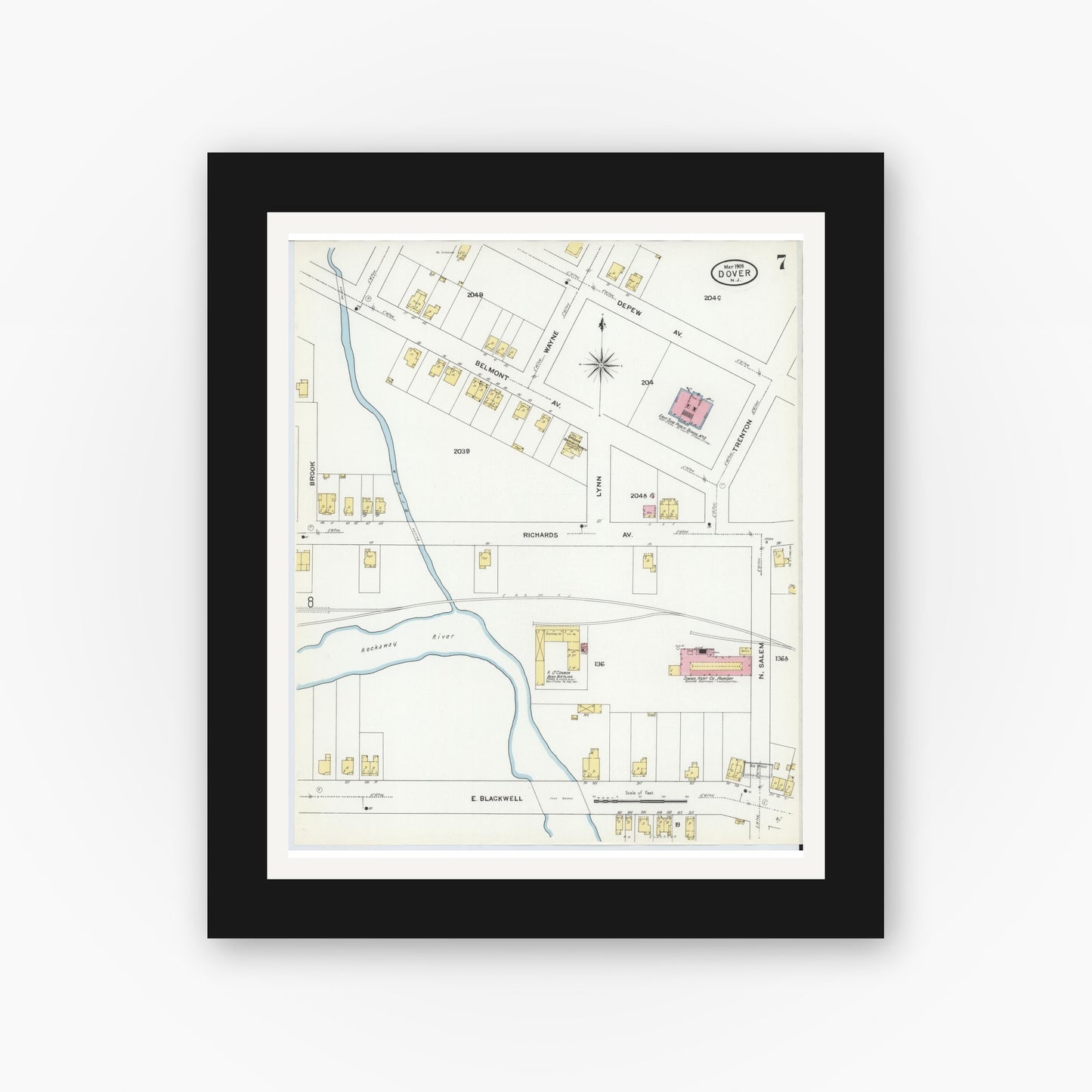 Old map wall art mockup — black gallery frame with white mat — Sanborn Fire Insurance Map from Dover, Morris County, New Jersey (1909), Sheet #0007