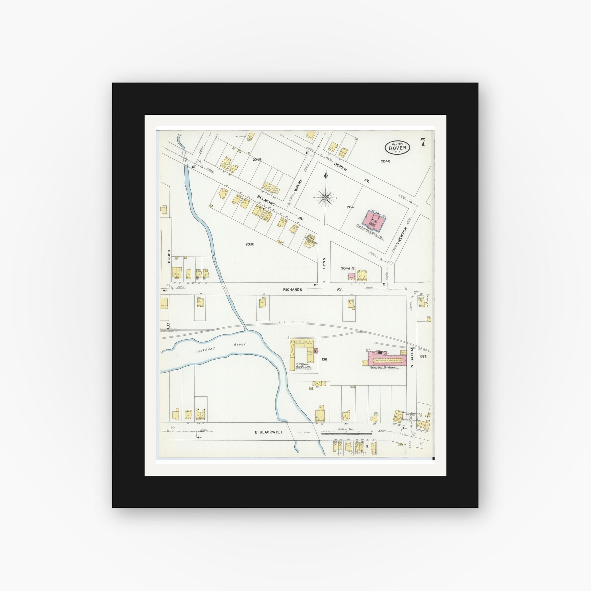Old map wall art mockup — black gallery frame with white mat — Sanborn Fire Insurance Map from Dover, Morris County, New Jersey (1909), Sheet #0007