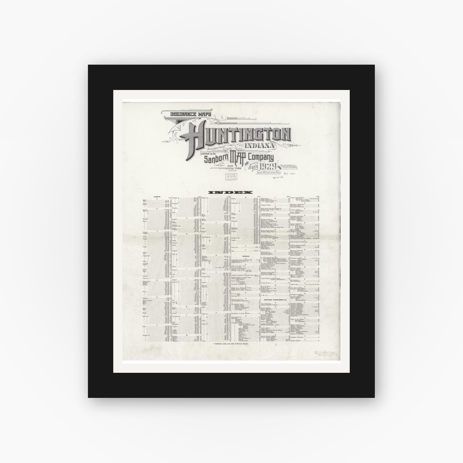 Old map wall art mockup — black gallery frame with white mat — Sanborn Fire Insurance Map from Huntington, Huntington County, Indiana (1929), Sheet #0001