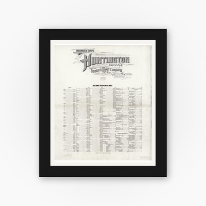 Old map wall art mockup — black gallery frame with white mat — Sanborn Fire Insurance Map from Huntington, Huntington County, Indiana (1929), Sheet #0001