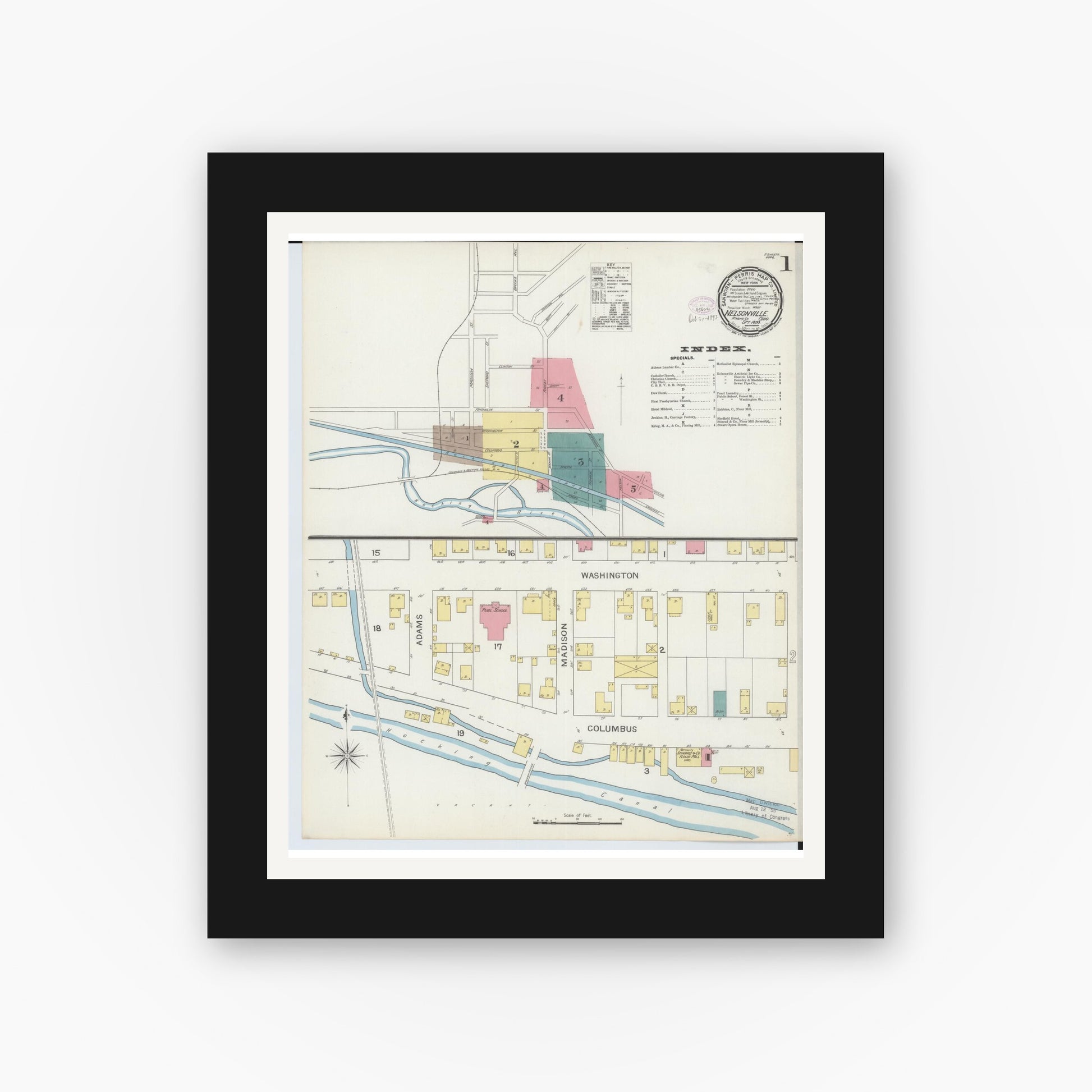 Old map wall art mockup — black gallery frame with white mat — Sanborn Fire Insurance Map from Nelsonville, Athens County, Ohio (1893), Sheet #0001