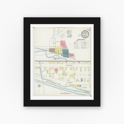Old map wall art mockup — black gallery frame with white mat — Sanborn Fire Insurance Map from Nelsonville, Athens County, Ohio (1893), Sheet #0001