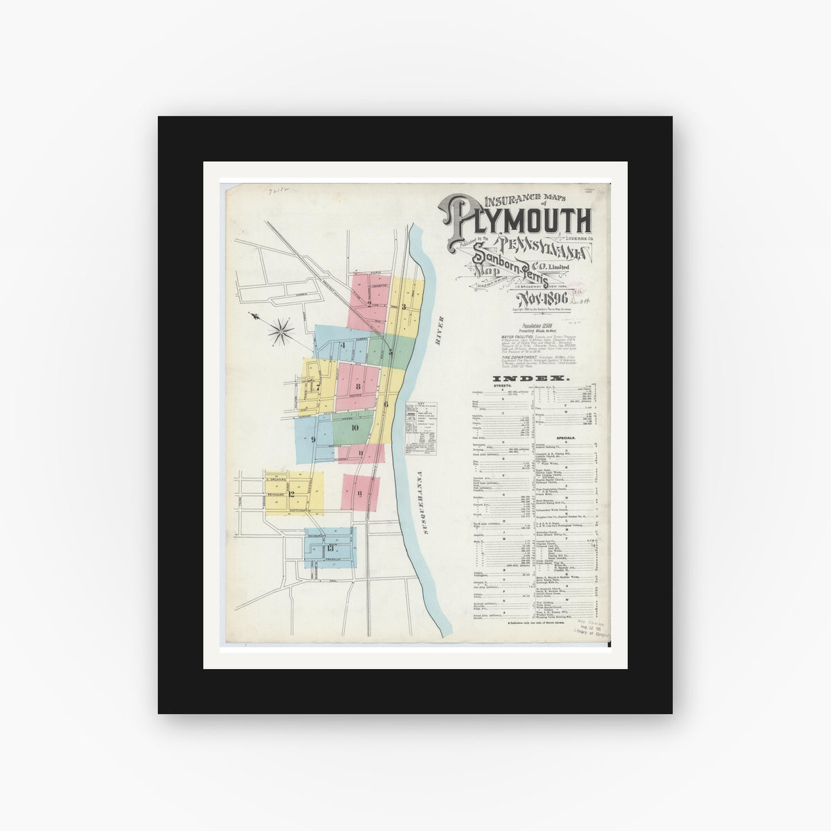 Old map wall art mockup — black gallery frame with white mat — Sanborn Fire Insurance Map from Plymouth, Luzerne County, Pennsylvania (1896) - Complete Map Set
