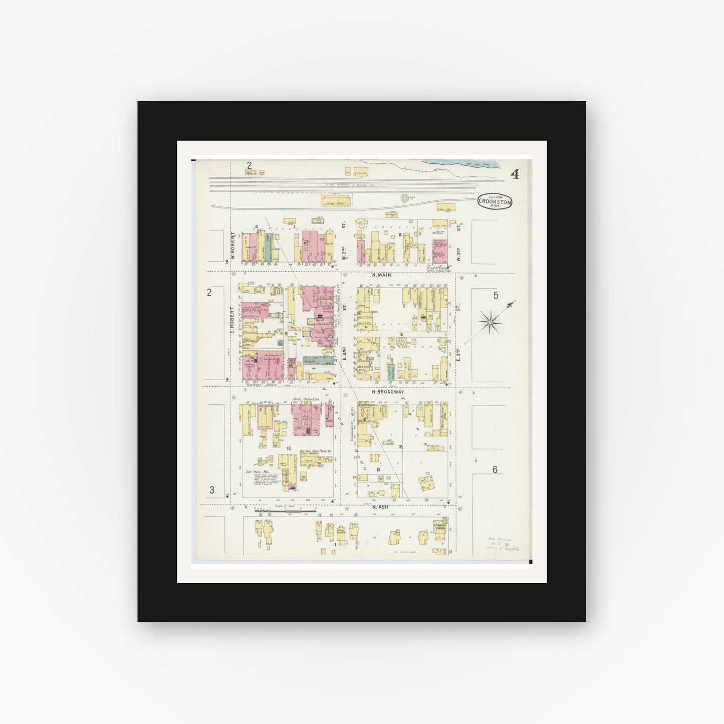 Old map wall art mockup — black gallery frame with white mat — Sanborn Fire Insurance Map from Crookston, Polk County, Minnesota (1896), Sheet #0004