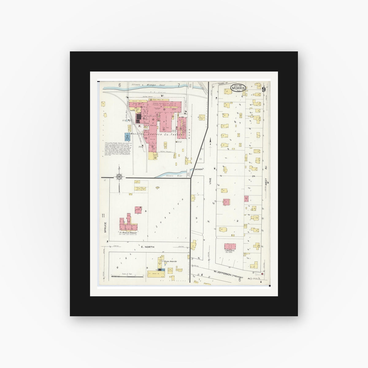 Old map wall art mockup — black gallery frame with white mat — Sanborn Fire Insurance Map from Morris, Grundy County, Illinois (1916), Sheet #0009