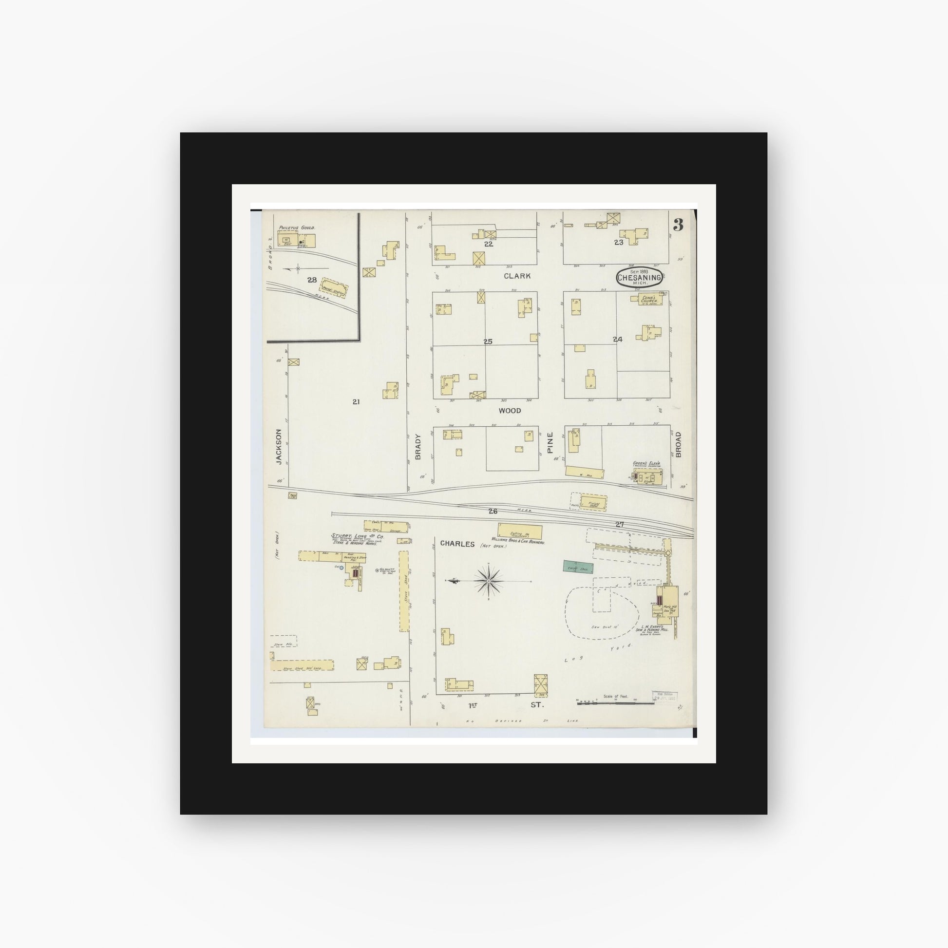 Old map wall art mockup — black gallery frame with white mat — Sanborn Fire Insurance Map from Chesaning, Saginaw County, Michigan (1893), Sheet #0003