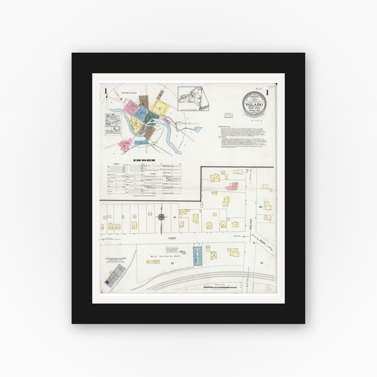 Old map wall art mockup — black gallery frame with white mat — Sanborn Fire Insurance Map from Pulaski, Oswego County, New York (1925), Sheet #0001