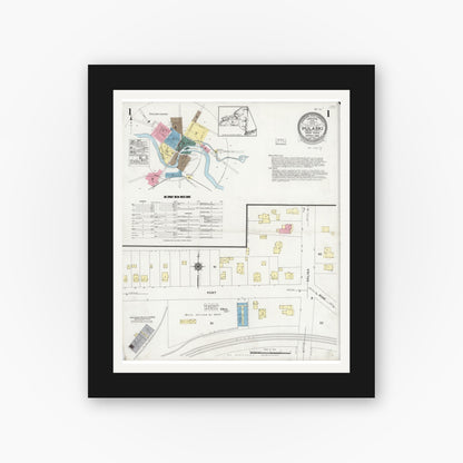 Old map wall art mockup — black gallery frame with white mat — Sanborn Fire Insurance Map from Pulaski, Oswego County, New York (1925), Sheet #0001