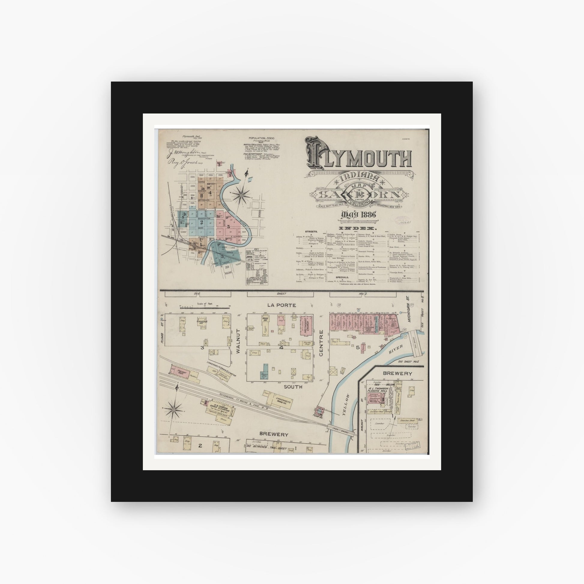 Old map wall art mockup — black gallery frame with white mat — Sanborn Fire Insurance Map from Plymouth, Marhshall County, Indiana (1886), Sheet #0001