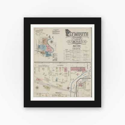 Old map wall art mockup — black gallery frame with white mat — Sanborn Fire Insurance Map from Plymouth, Marhshall County, Indiana (1886), Sheet #0001