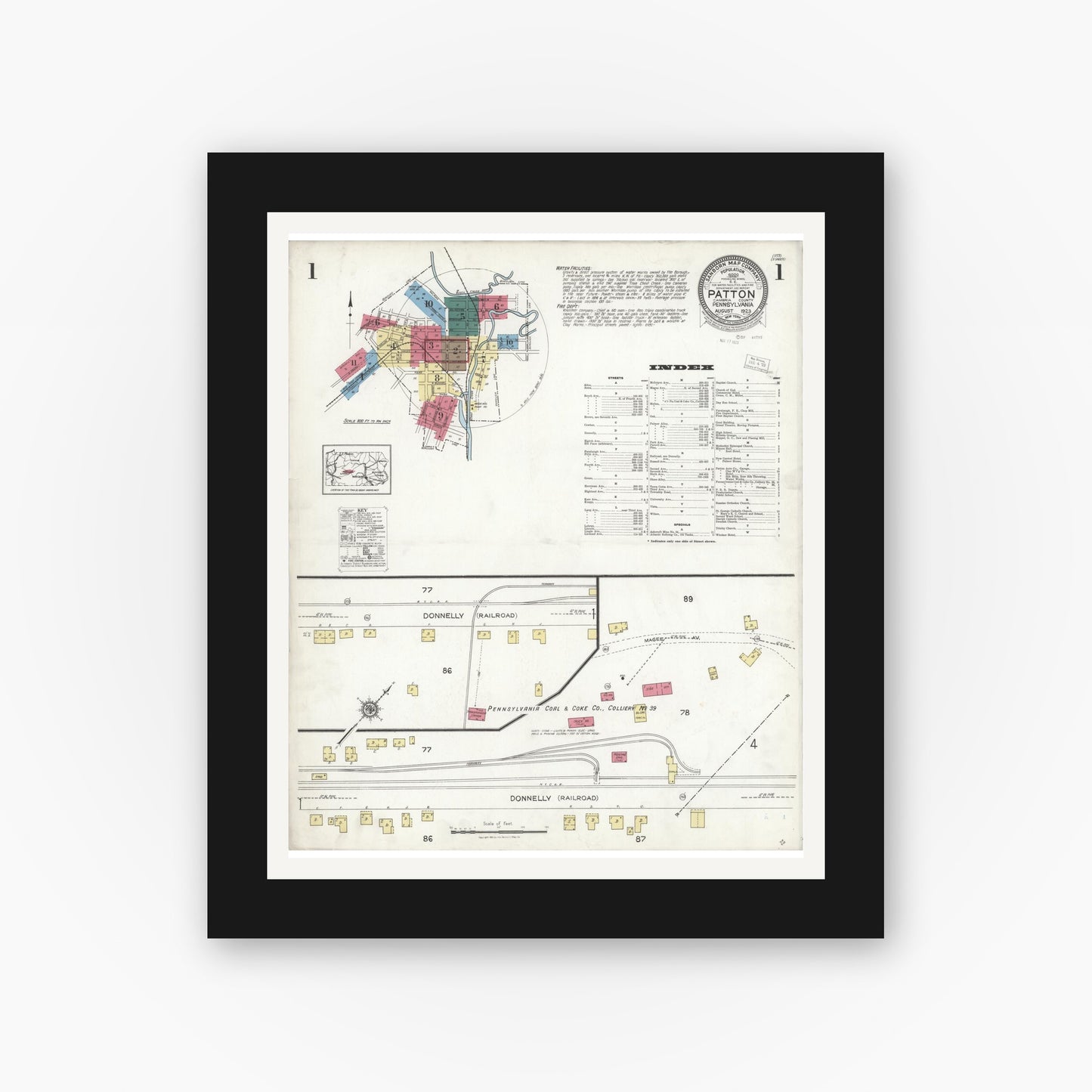 Old map wall art mockup — black gallery frame with white mat — Sanborn Fire Insurance Map from Patton, Cambria County, Pennsylvania (1923) - Complete Map Set