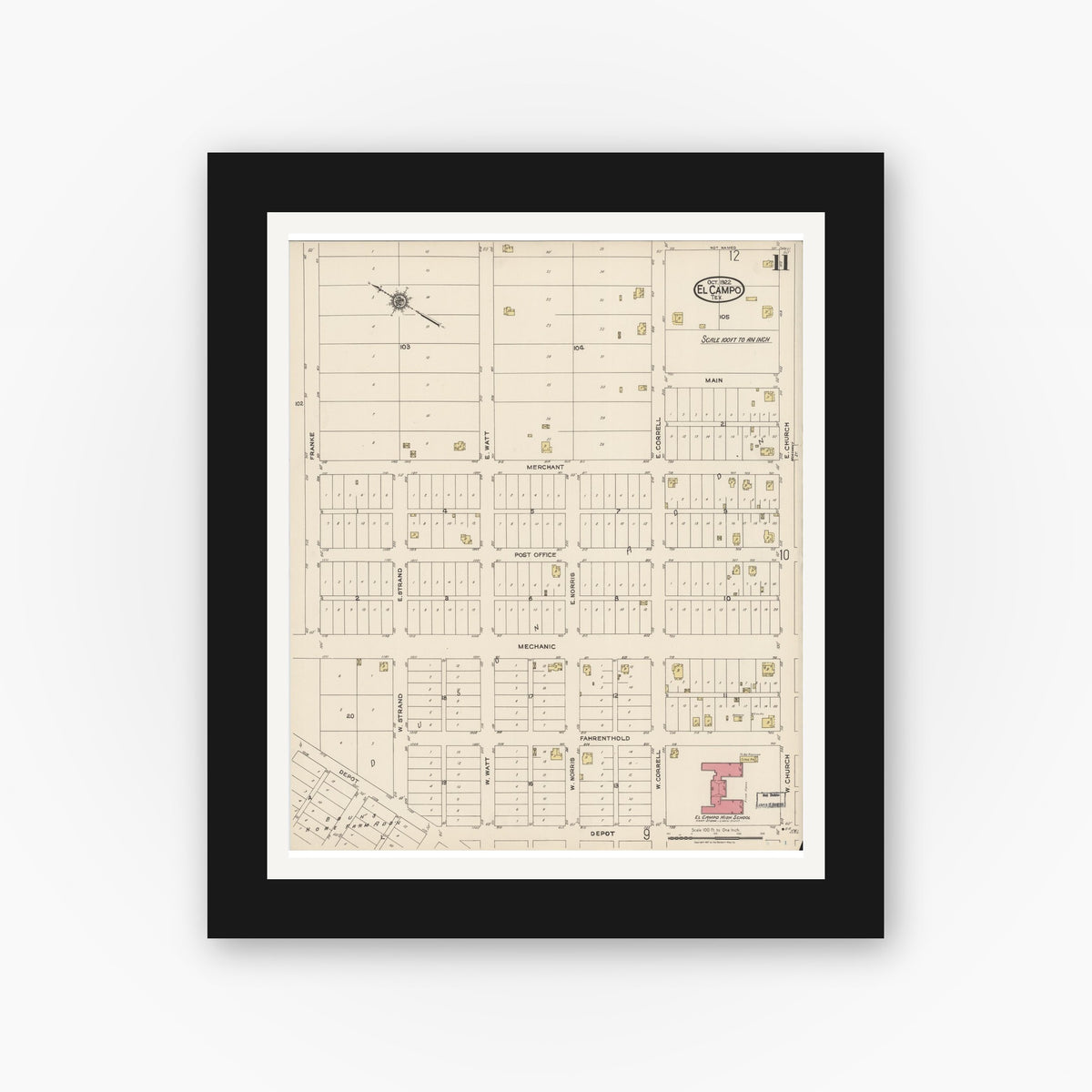 Old map wall art mockup — black gallery frame with white mat — Sanborn Fire Insurance Map from El Campo, Wharton County, Texas (1922), Sheet #0011