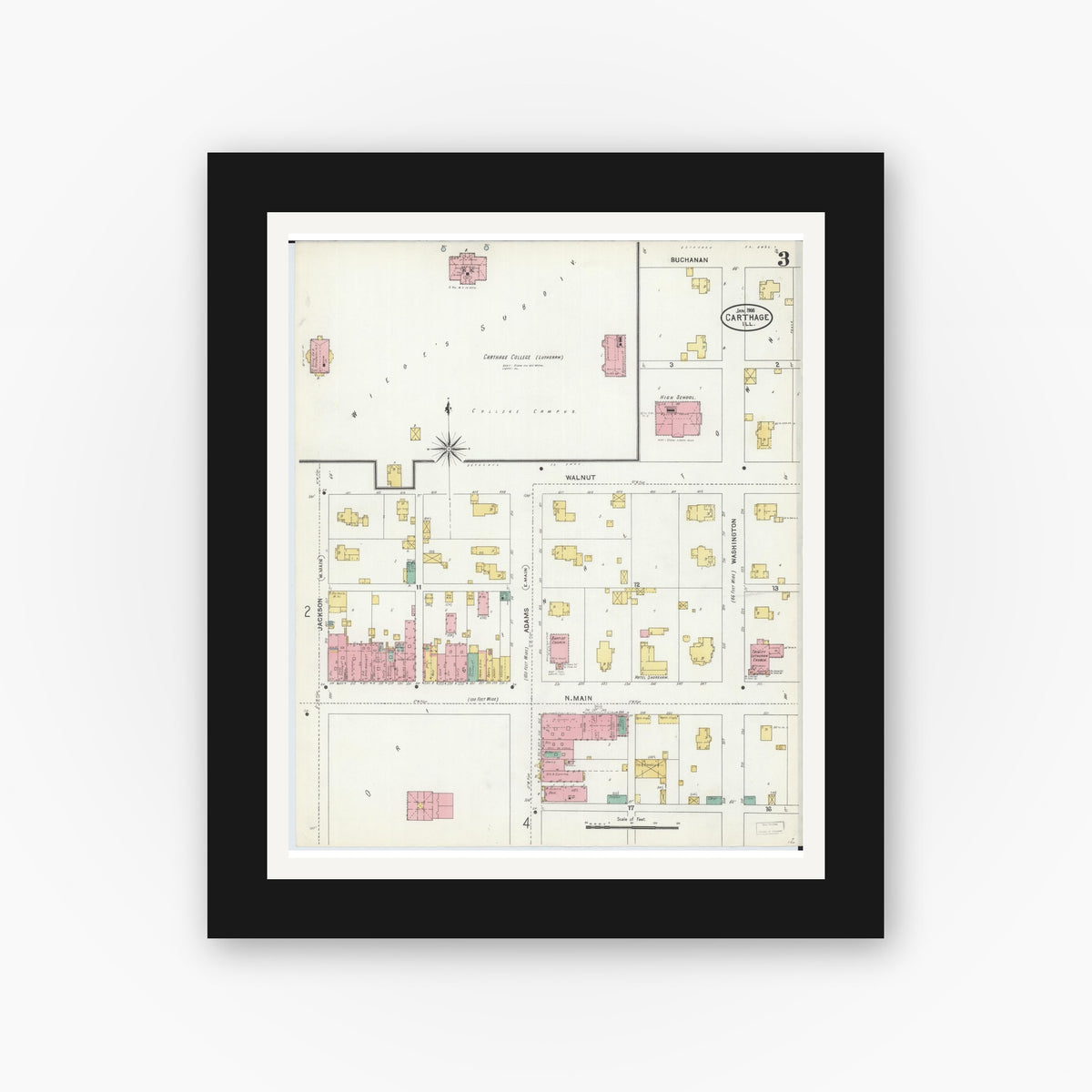 Old map wall art mockup — black gallery frame with white mat — Sanborn Fire Insurance Map from Carthage, Hancock County, Illinois (1906), Sheet #0003