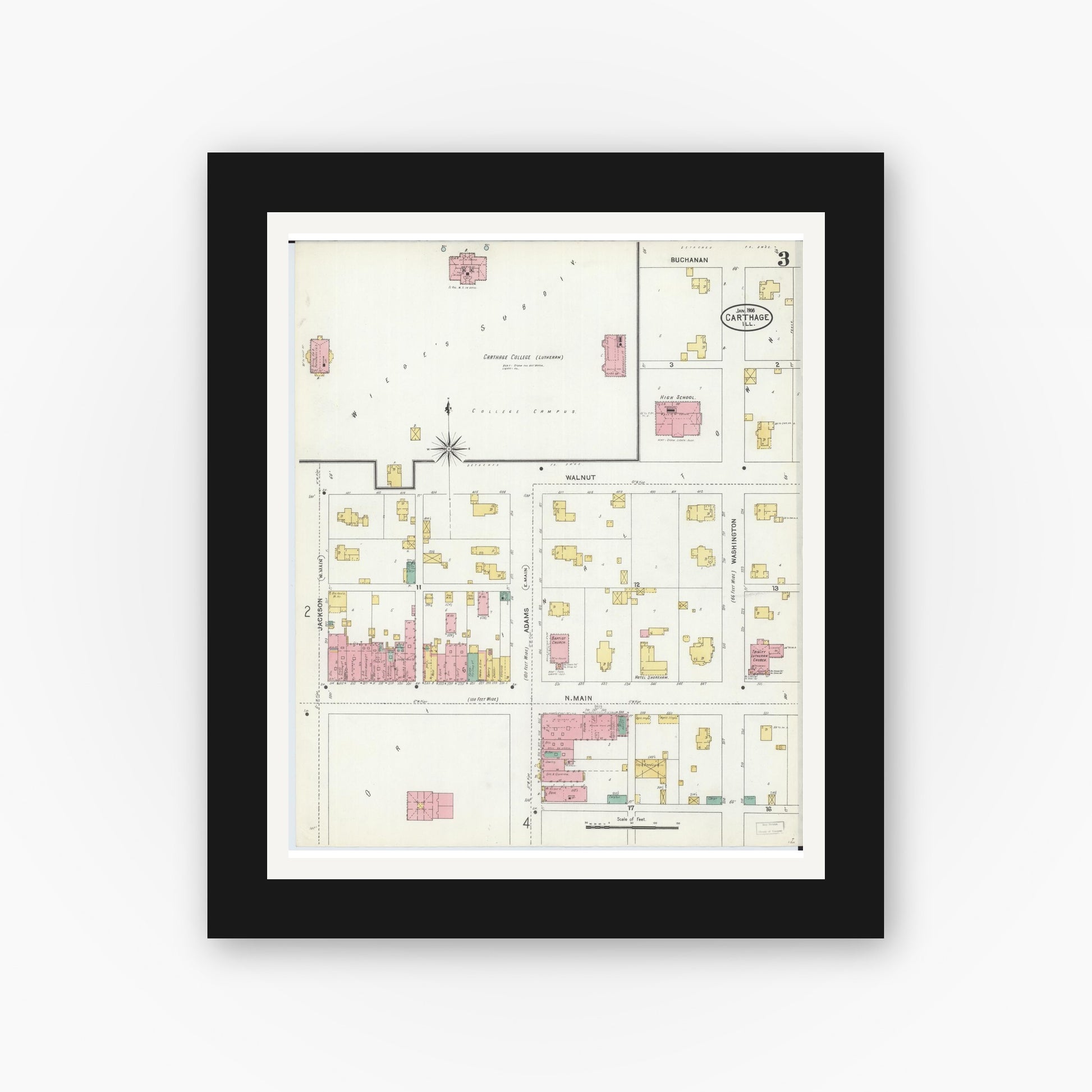 Old map wall art mockup — black gallery frame with white mat — Sanborn Fire Insurance Map from Carthage, Hancock County, Illinois (1906), Sheet #0003