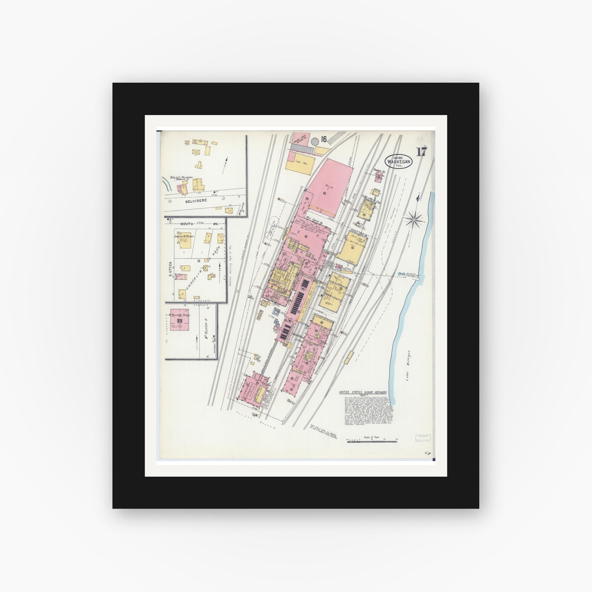 Old map wall art mockup — black gallery frame with white mat — Sanborn Fire Insurance Map from Waukegan, Lake County, Illinois (1906), Sheet #0017