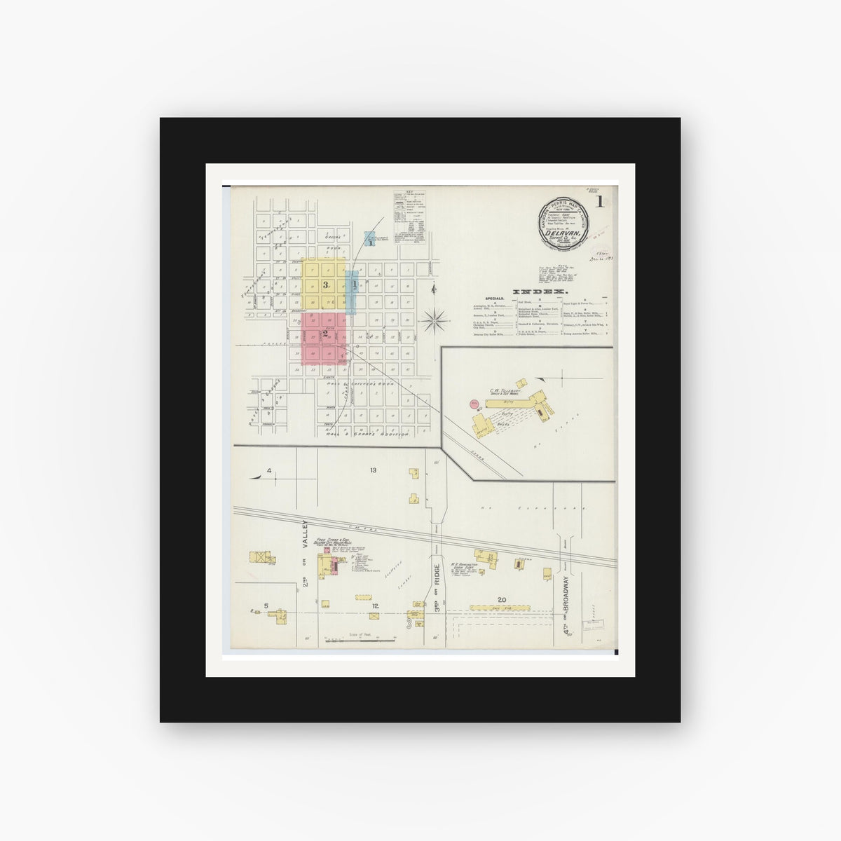 Old map wall art mockup — black gallery frame with white mat — Sanborn Fire Insurance Map from Delavan, Tazewell County, Illinois (1893) - Complete Map Set