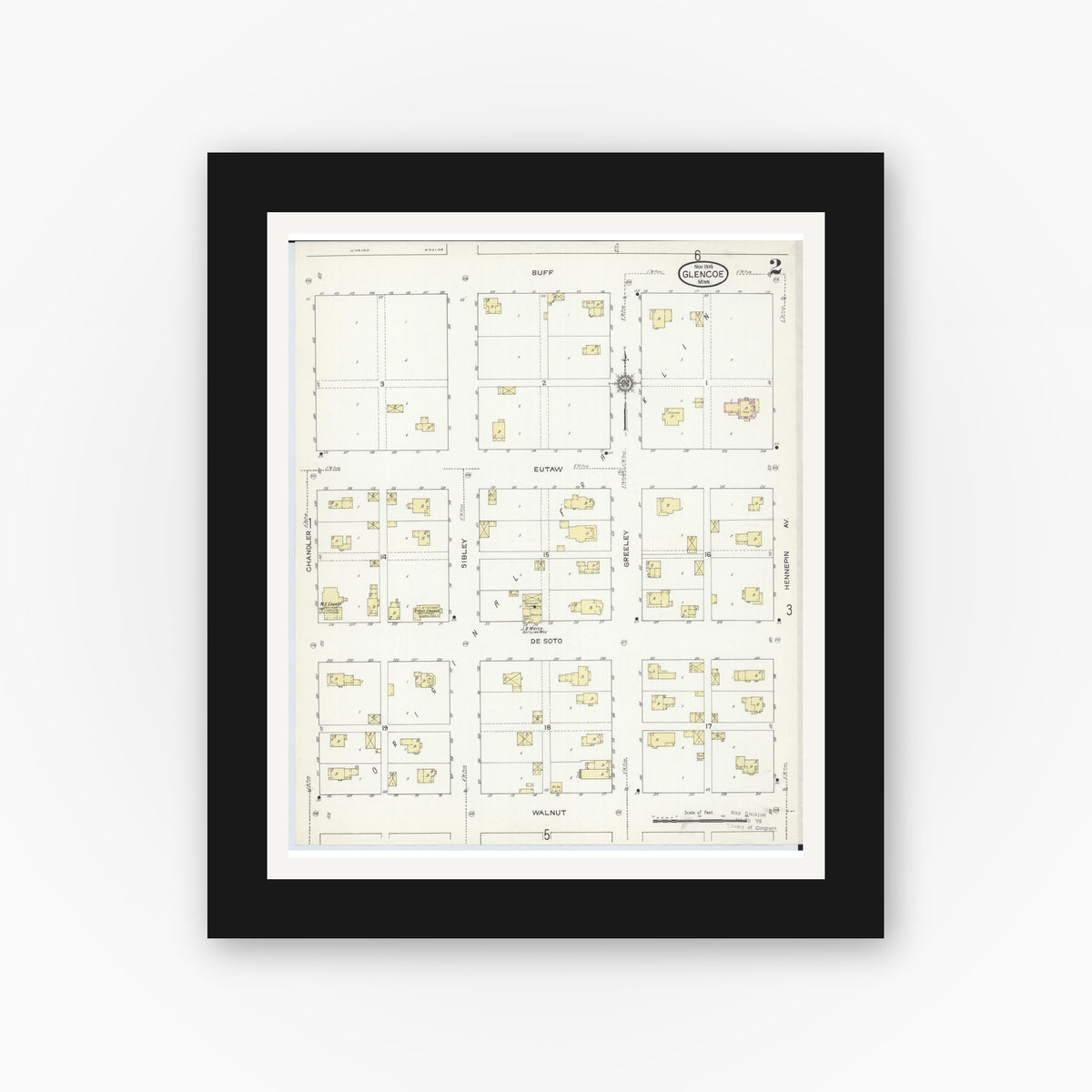 Old map wall art mockup — black gallery frame with white mat — Sanborn Fire Insurance Map from Glencoe, Mcleod County, Minnesota (1914), Sheet #0002