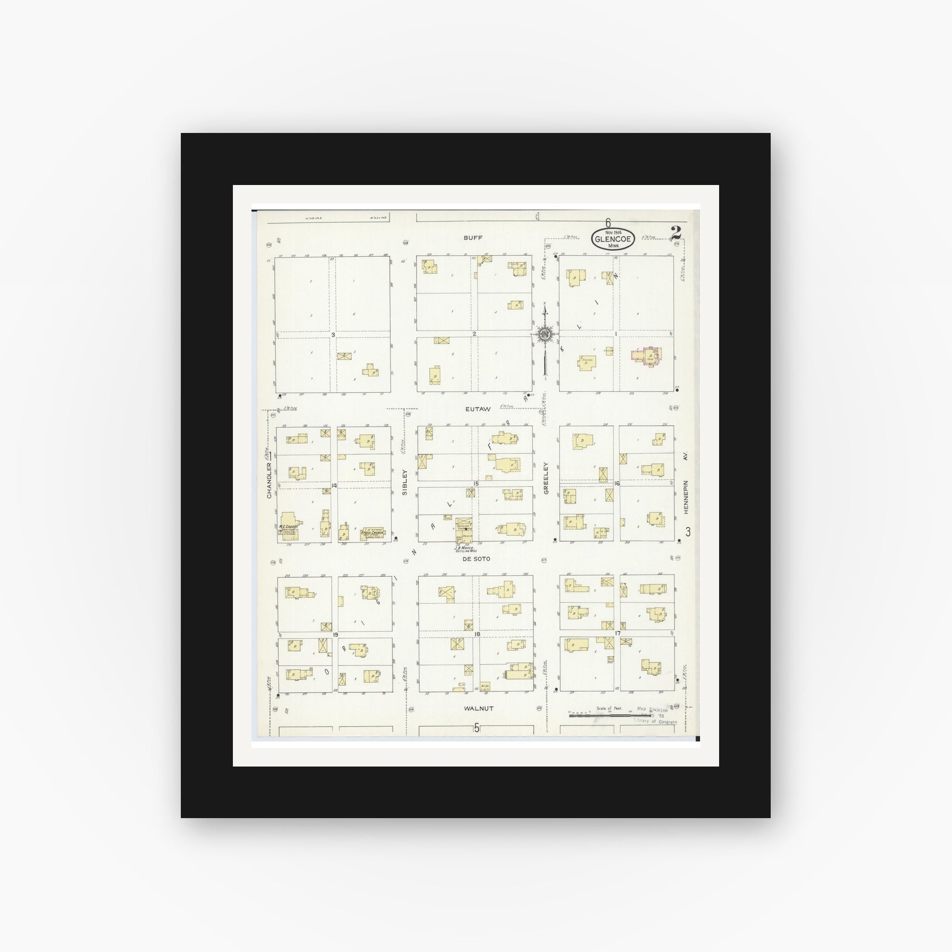 Old map wall art mockup — black gallery frame with white mat — Sanborn Fire Insurance Map from Glencoe, Mcleod County, Minnesota (1914), Sheet #0002