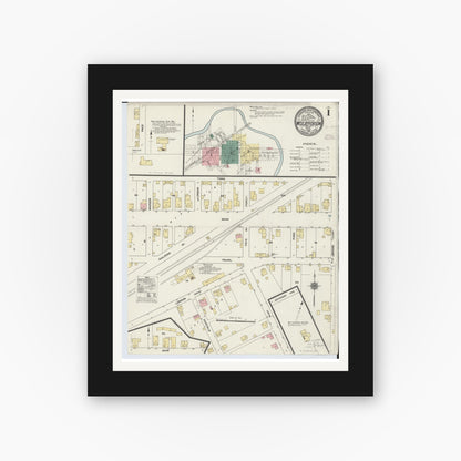 Old map wall art mockup — black gallery frame with white mat — Sanborn Fire Insurance Map from West Jefferson, Madison County, Ohio (1910), Sheet #0001