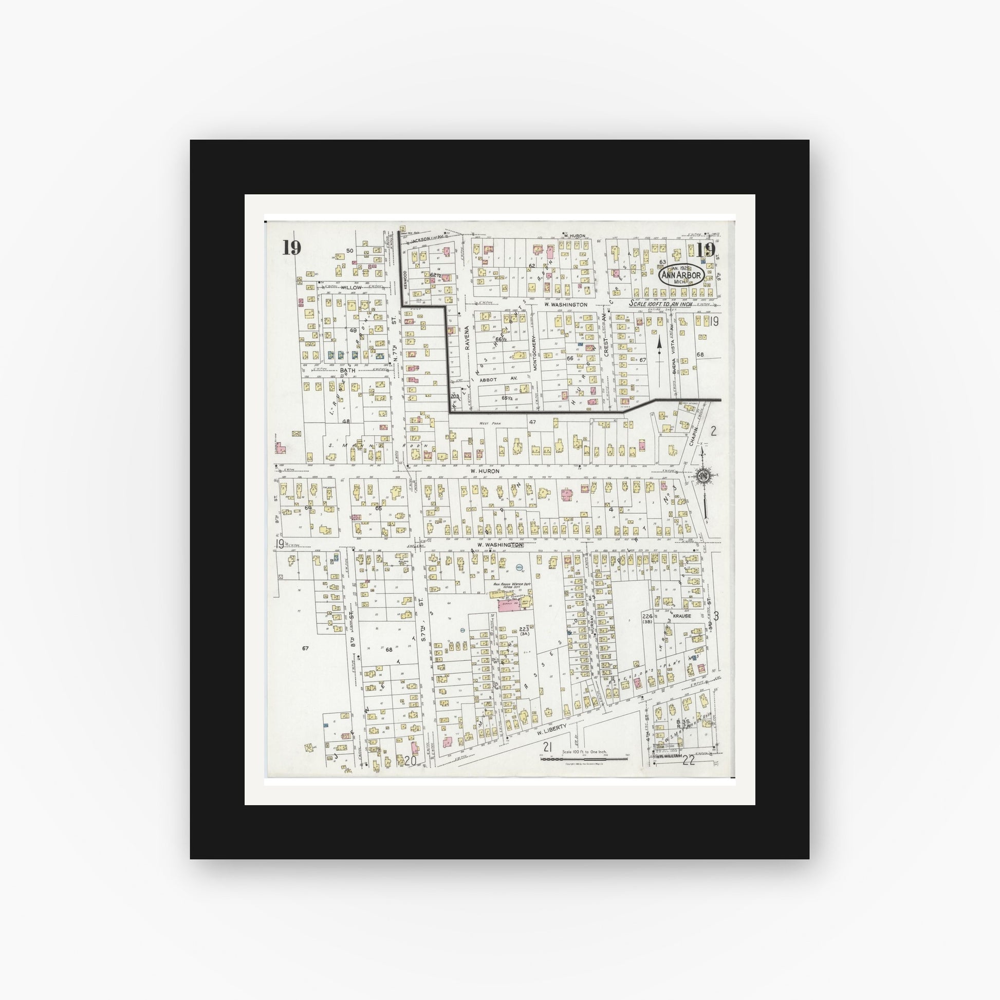 Old map wall art mockup — black gallery frame with white mat — Sanborn Fire Insurance Map from Ann Arbor, Washtenaw County, Michigan (1925), Sheet #0019