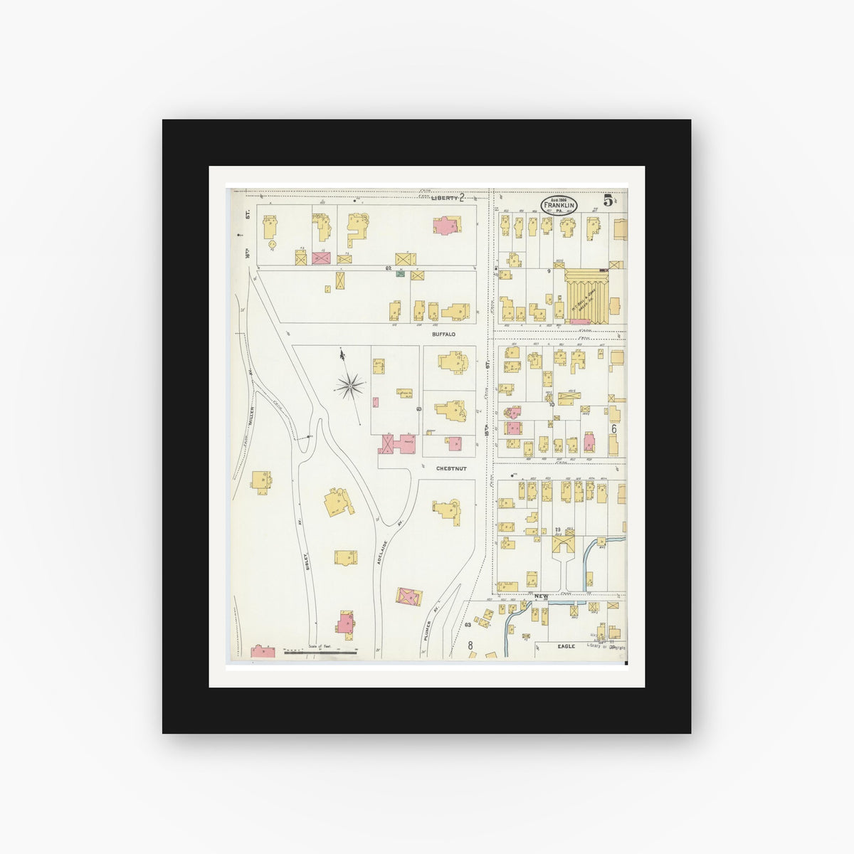 Old map wall art mockup — black gallery frame with white mat — Sanborn Fire Insurance Map from Franklin, Venango County, Pennsylvania (1906), Sheet #0005