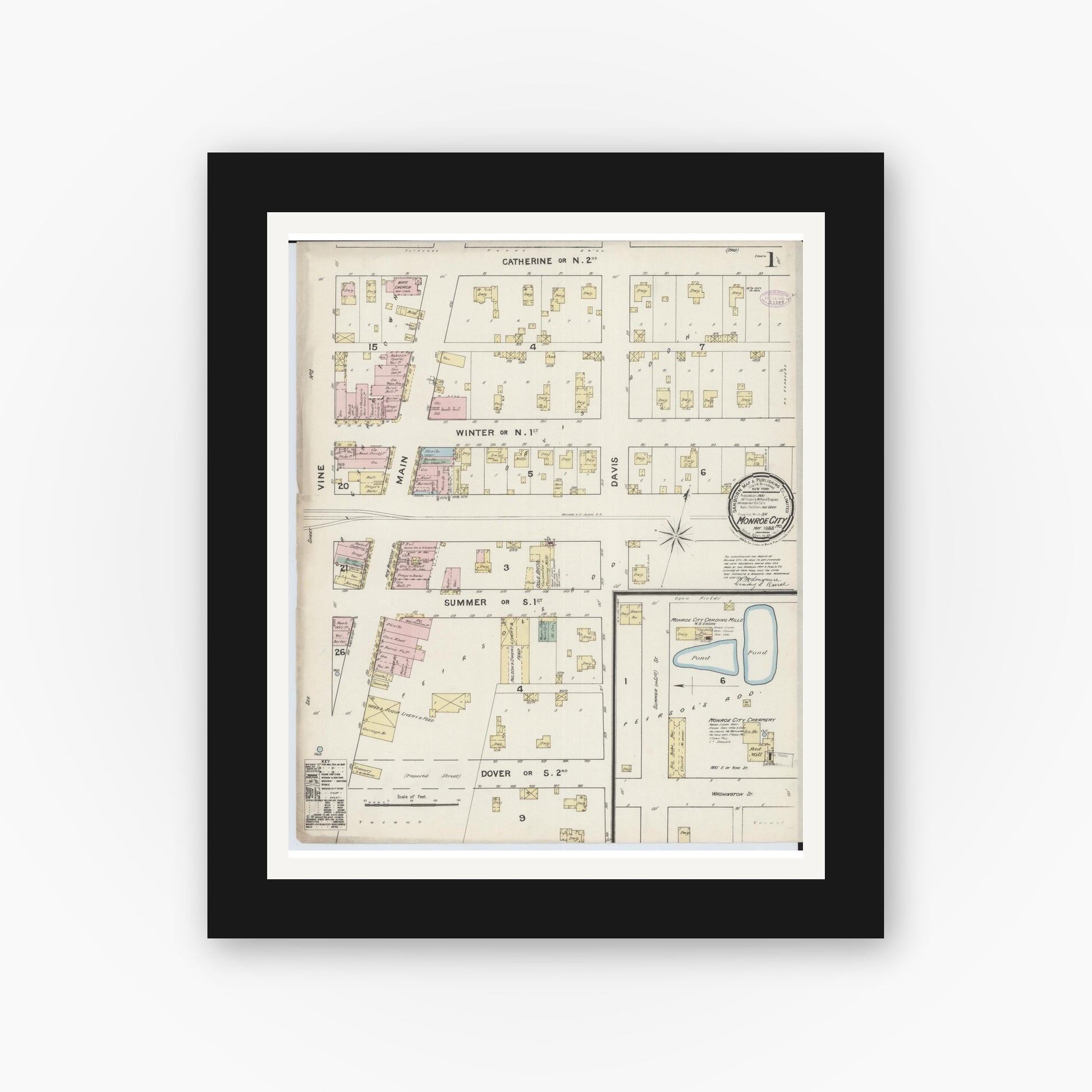 Old map wall art mockup — black gallery frame with white mat — Sanborn Fire Insurance Map from Monroe City, Monroe County, Missouri (1888) - Complete Map Set