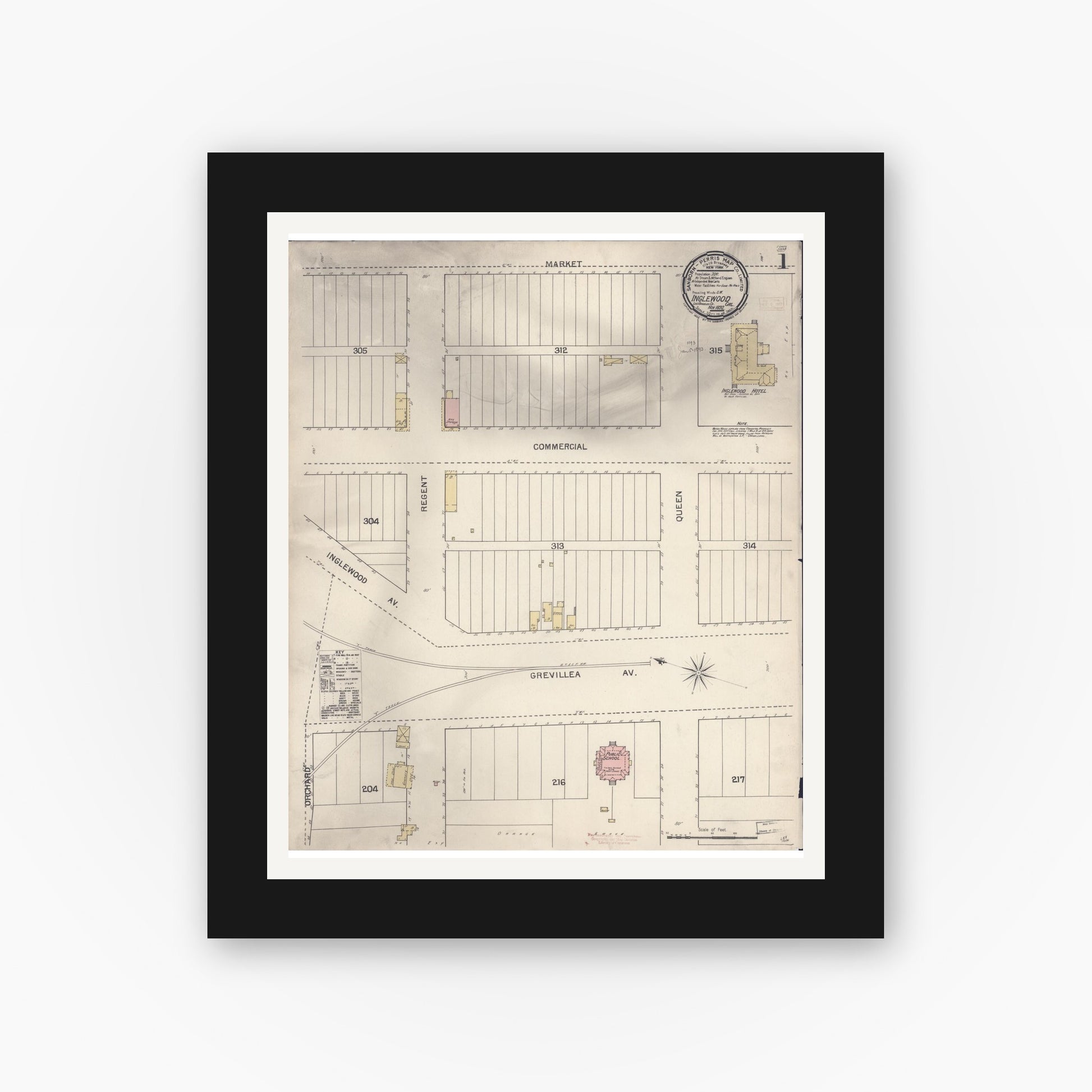 Old map wall art mockup — black gallery frame with white mat — Sanborn Fire Insurance Map from Inglewood, Los Angeles County, California (1892), Sheet #0001