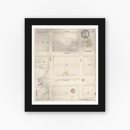 Old map wall art mockup — black gallery frame with white mat — Sanborn Fire Insurance Map from Inglewood, Los Angeles County, California (1892), Sheet #0001