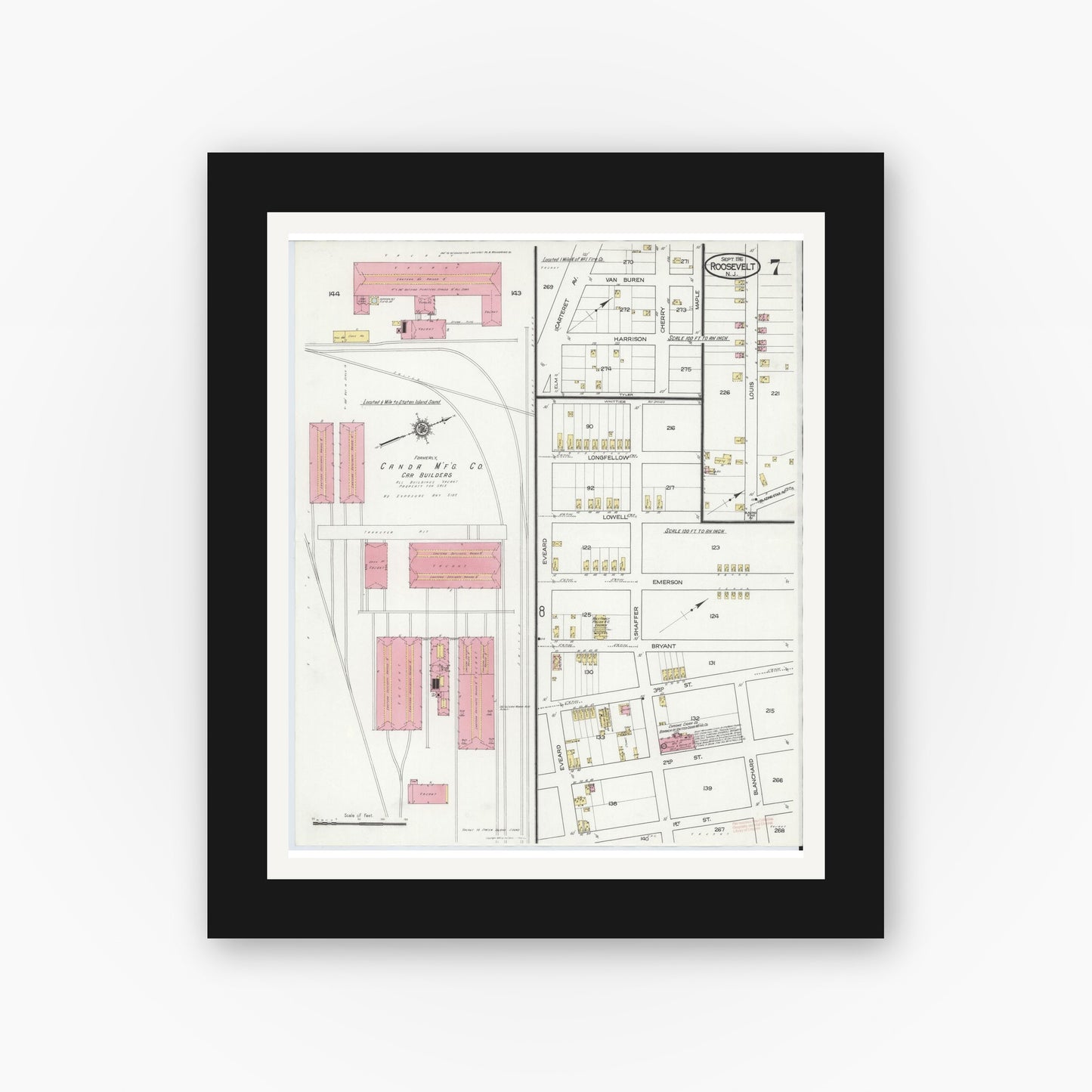 Old map wall art mockup — black gallery frame with white mat — Sanborn Fire Insurance Map from Roosevelt, Middlesex County, New Jersey (1916), Sheet #0007