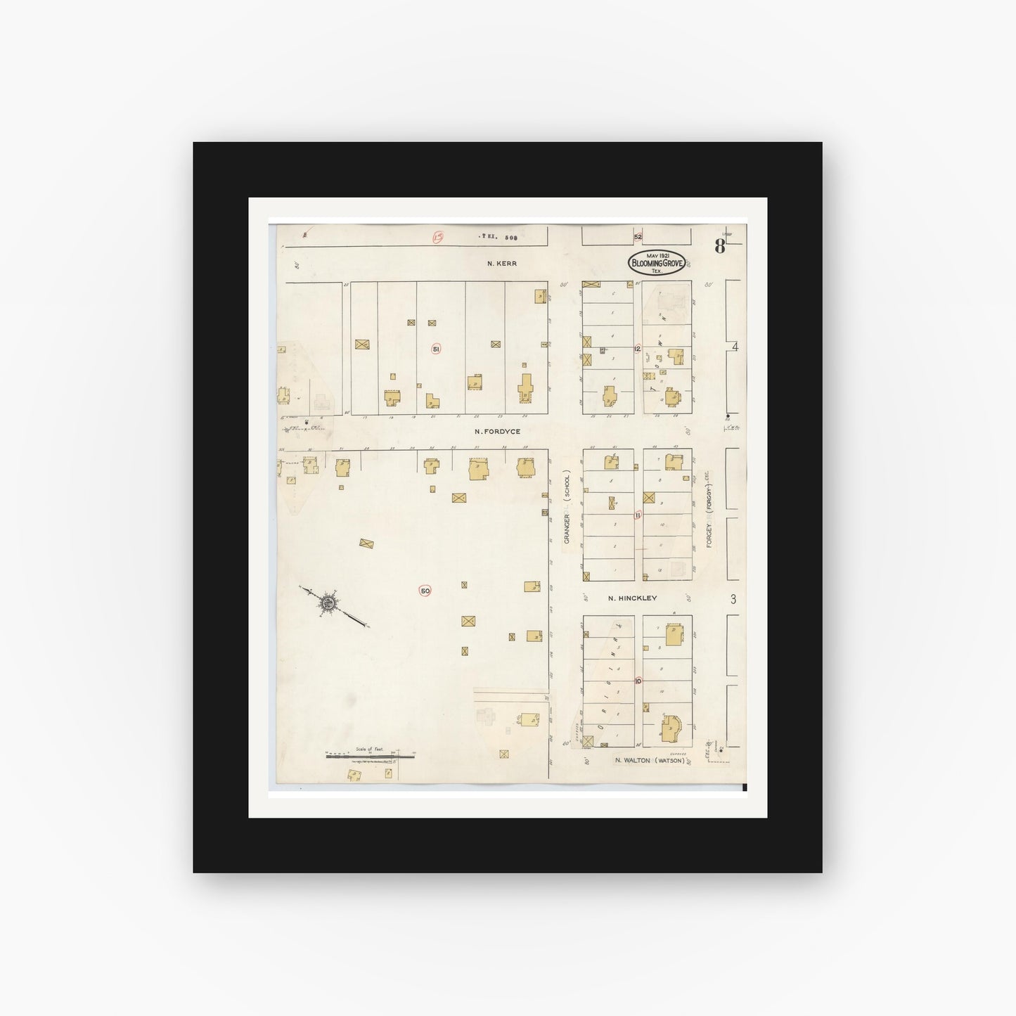 Old map wall art mockup — black gallery frame with white mat — Sanborn Fire Insurance Map from Blooming Grove, Navarro County, Texas (1934), Sheet #0008