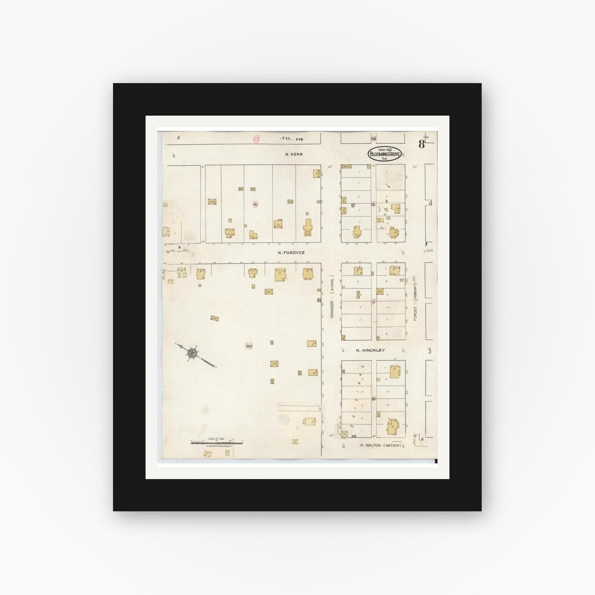 Old map wall art mockup — black gallery frame with white mat — Sanborn Fire Insurance Map from Blooming Grove, Navarro County, Texas (1934), Sheet #0008