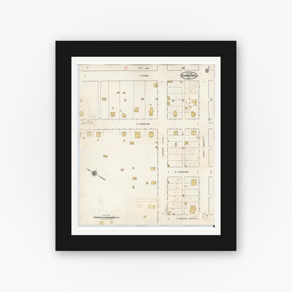 Old map wall art mockup — black gallery frame with white mat — Sanborn Fire Insurance Map from Blooming Grove, Navarro County, Texas (1934), Sheet #0008