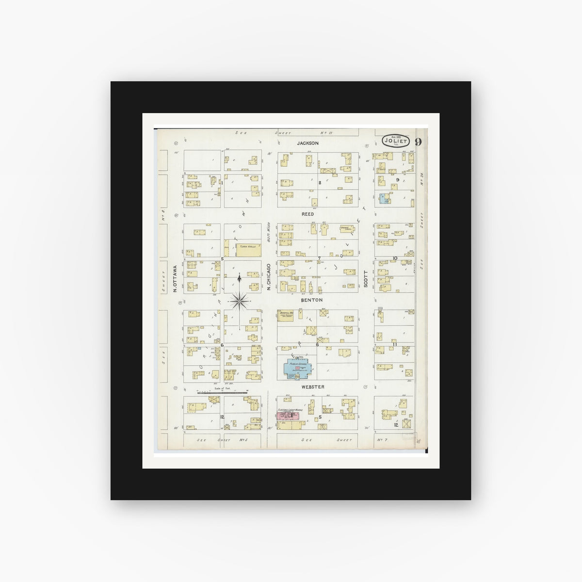 Old map wall art mockup — black gallery frame with white mat — Sanborn Fire Insurance Map from Joliet, Will County, Illinois (1891), Sheet #0009