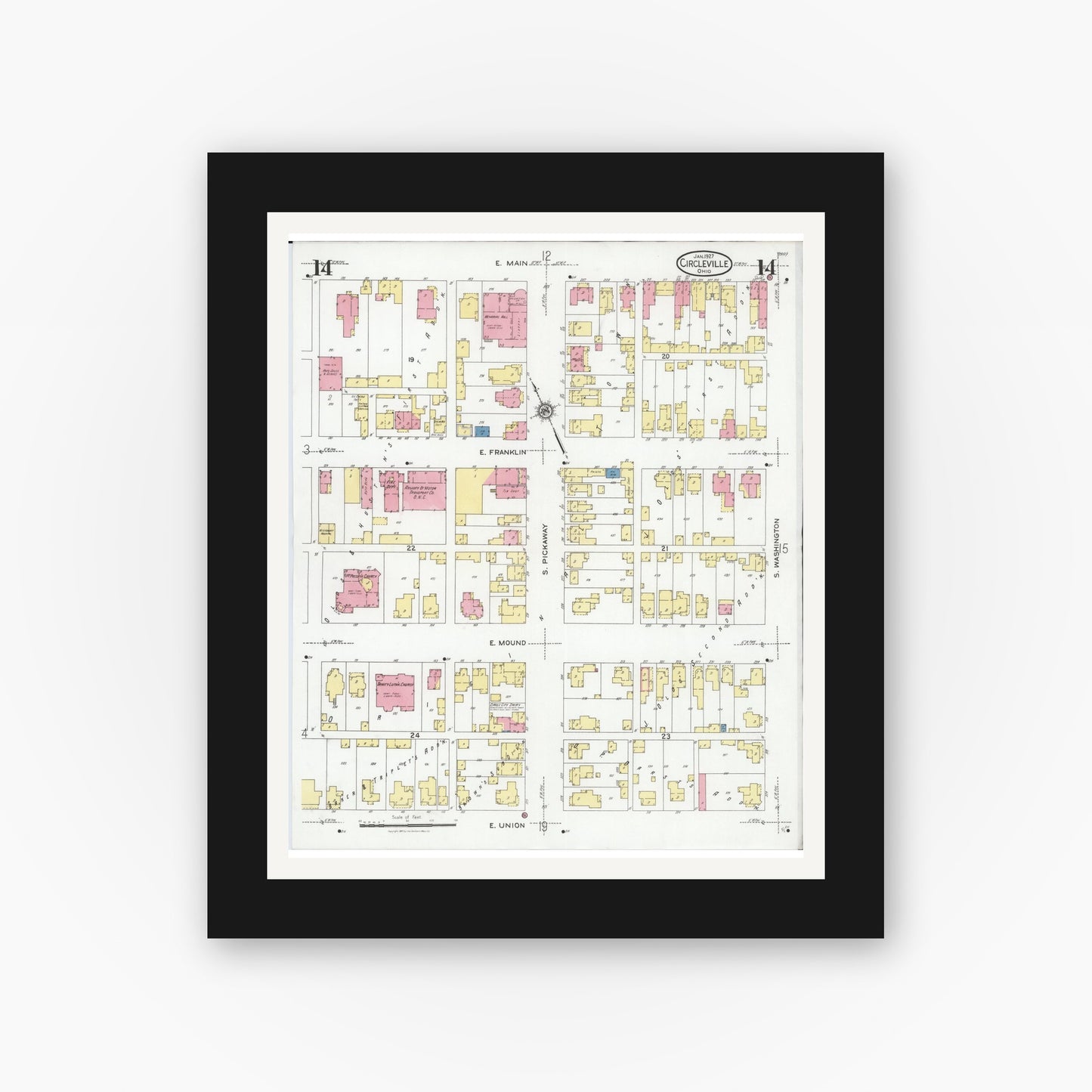 Old map wall art mockup — black gallery frame with white mat — Sanborn Fire Insurance Map from Circleville, Pickaway County, Ohio (1927), Sheet #0014
