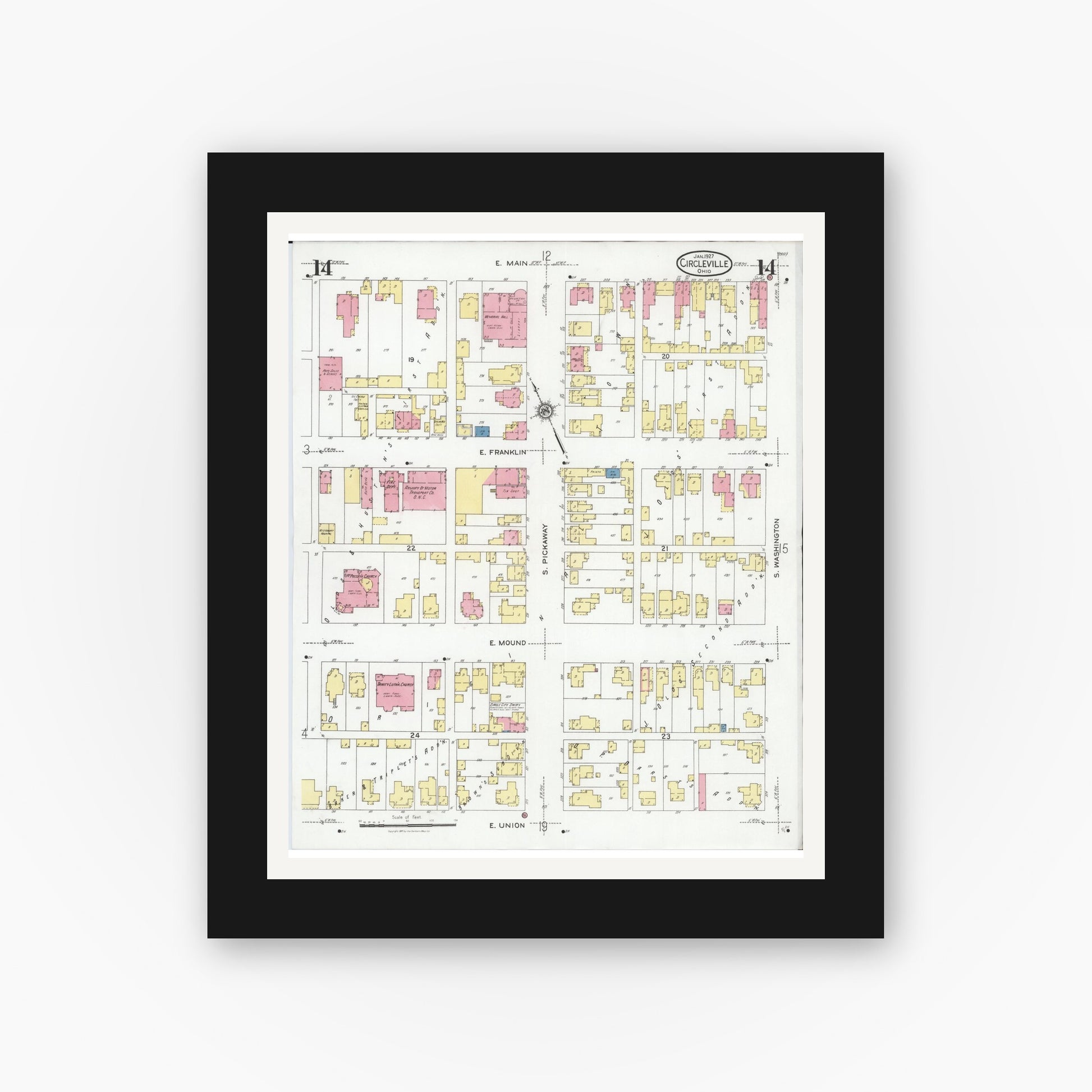 Old map wall art mockup — black gallery frame with white mat — Sanborn Fire Insurance Map from Circleville, Pickaway County, Ohio (1927), Sheet #0014
