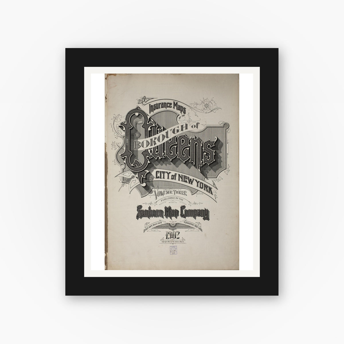 Old map wall art mockup — black gallery frame with white mat — Sanborn Fire Insurance Map from Queens, Queens County, New York (1902), Sheet #0001
