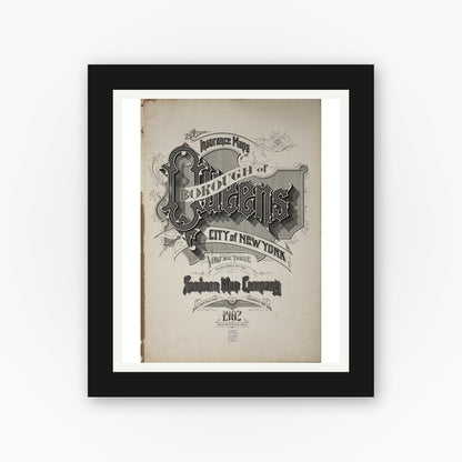 Old map wall art mockup — black gallery frame with white mat — Sanborn Fire Insurance Map from Queens, Queens County, New York (1902), Sheet #0001