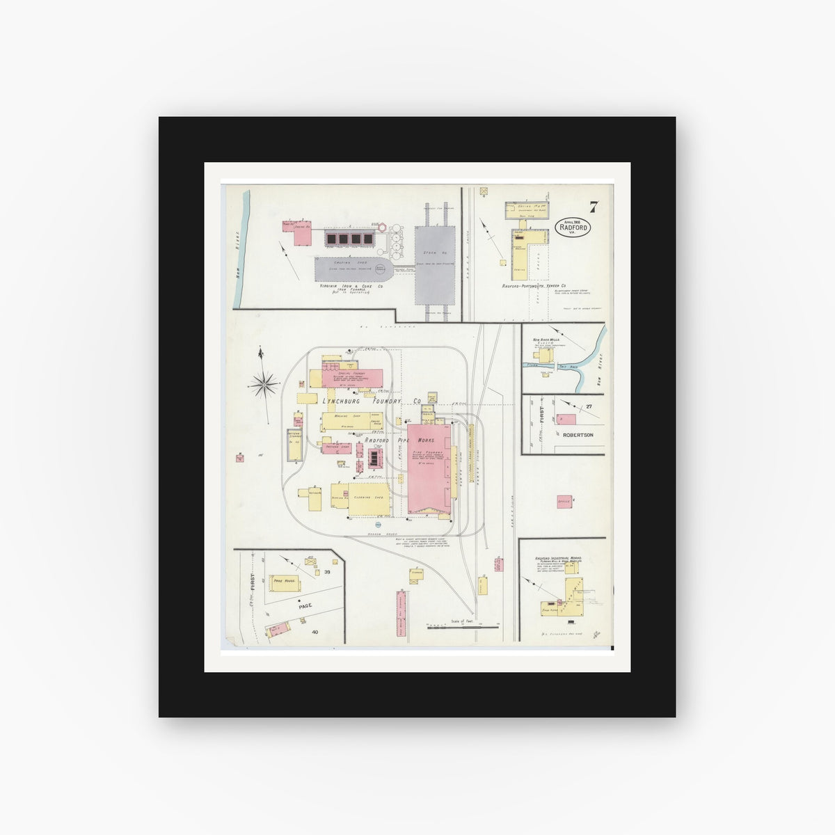 Old map wall art mockup — black gallery frame with white mat — Sanborn Fire Insurance Map from Radford, Independent Cities, Virginia (1908), Sheet #0007