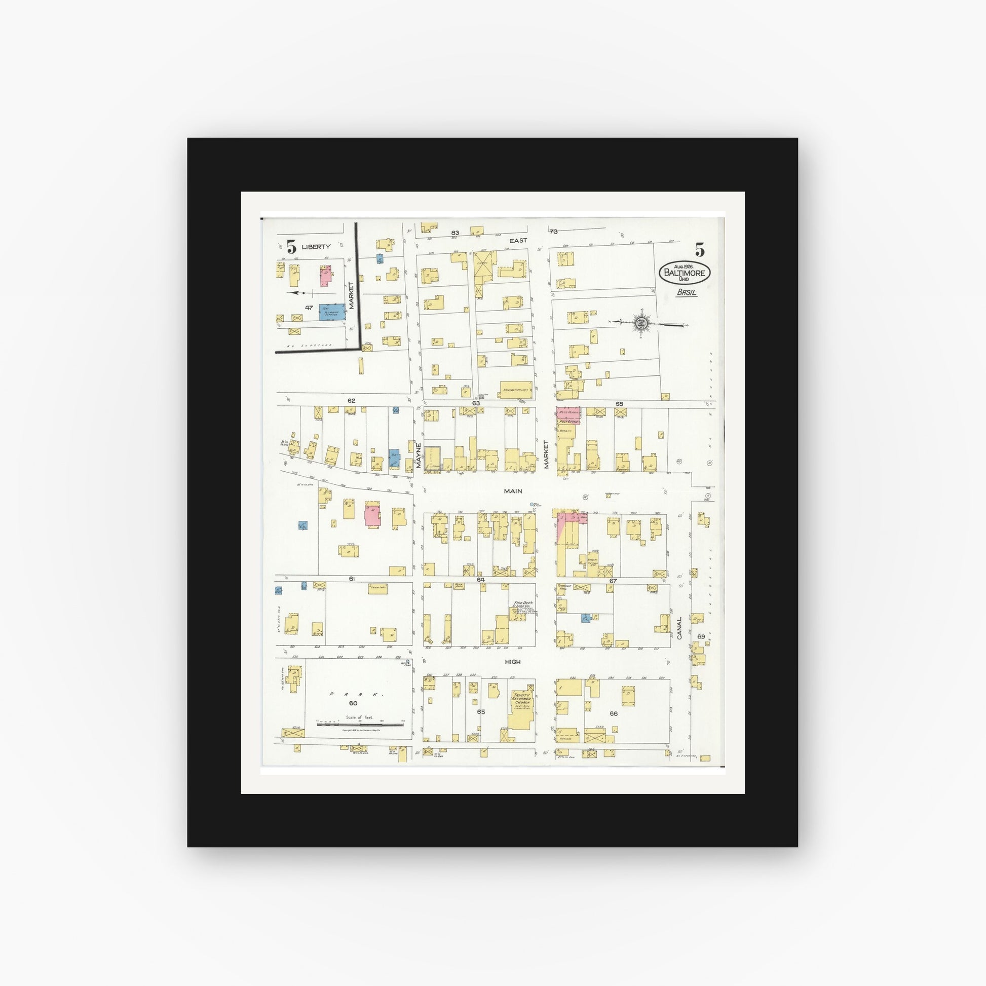 Old map wall art mockup — black gallery frame with white mat — Sanborn Fire Insurance Map from Baltimore, Fairfield County, Ohio (1926), Sheet #0005
