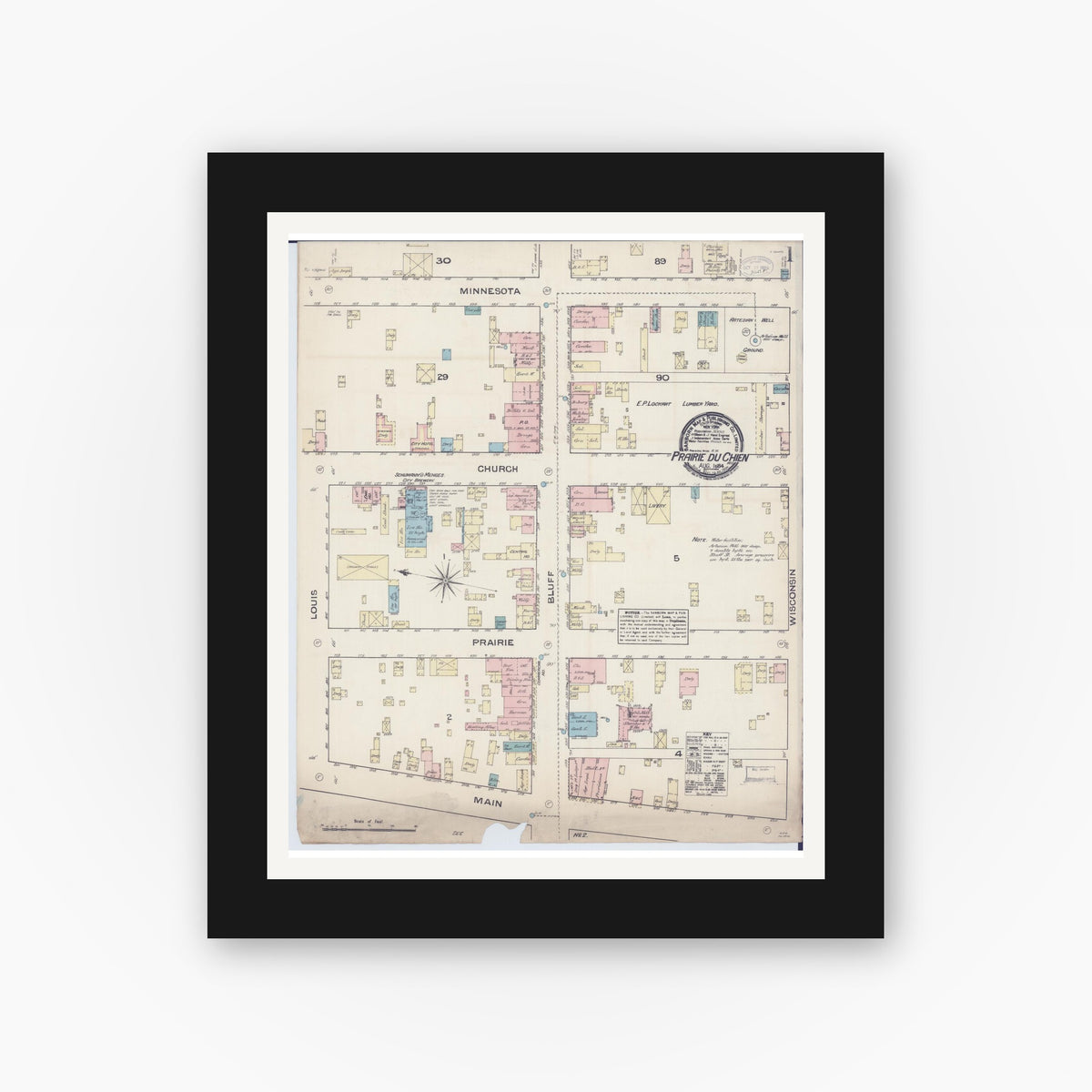 Old map wall art mockup — black gallery frame with white mat — Sanborn Fire Insurance Map from Prairie du Chien, Crawford County, Wisconsin (1884) - Complete Map Set